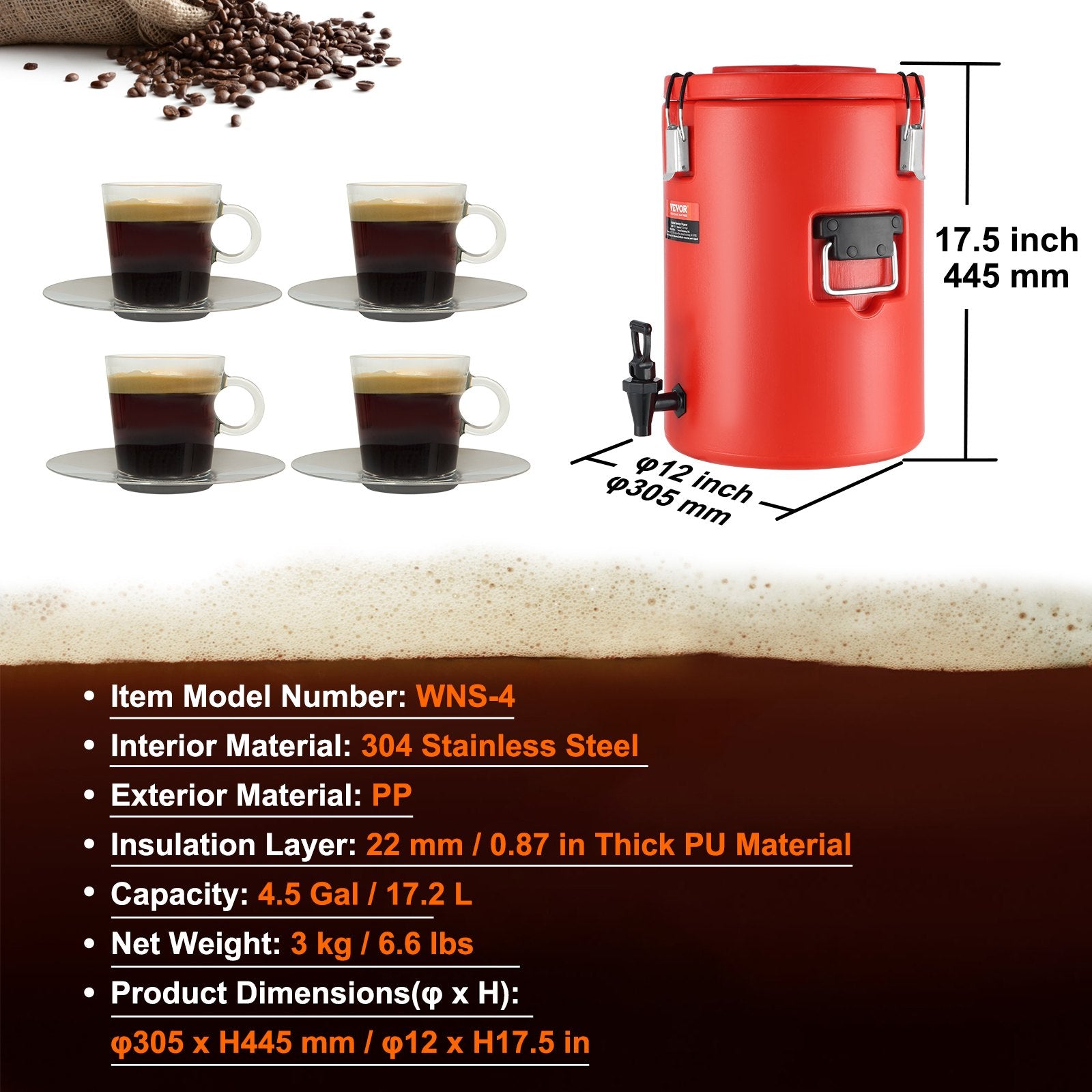 Stainless Steel Insulated Beverage Dispenser, 17.2 Liter, Thermal Hot and Cold Drink Server Dispenser with Spigot Handle, Food-grade for Hot Tea Coffee Water Restaurant Drink Shop - Image 7