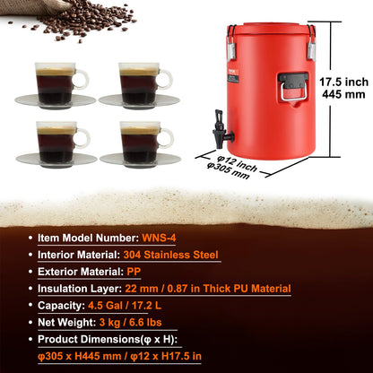 Stainless Steel Insulated Beverage Dispenser, 17.2 Liter, Thermal Hot and Cold Drink Server Dispenser with Spigot Handle, Food-grade for Hot Tea Coffee Water Restaurant Drink Shop - Image 7
