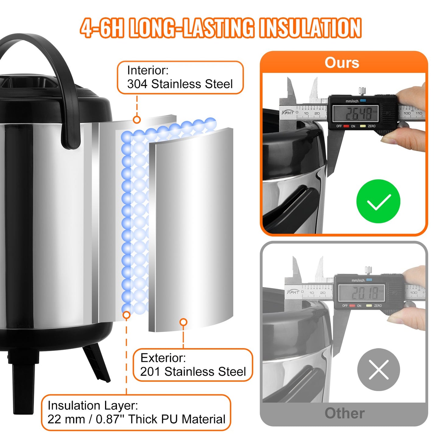Stainless Steel Insulated Beverage Dispenser, 6 Liter, Thermal Hot and Cold Drink Server Dispenser with Spigot Handle, Food-grade for Hot Tea Coffee Water Restaurant Drink Shop - Image 3