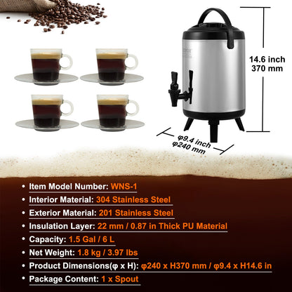 Stainless Steel Insulated Beverage Dispenser, 6 Liter, Thermal Hot and Cold Drink Server Dispenser with Spigot Handle, Food-grade for Hot Tea Coffee Water Restaurant Drink Shop - Image 7