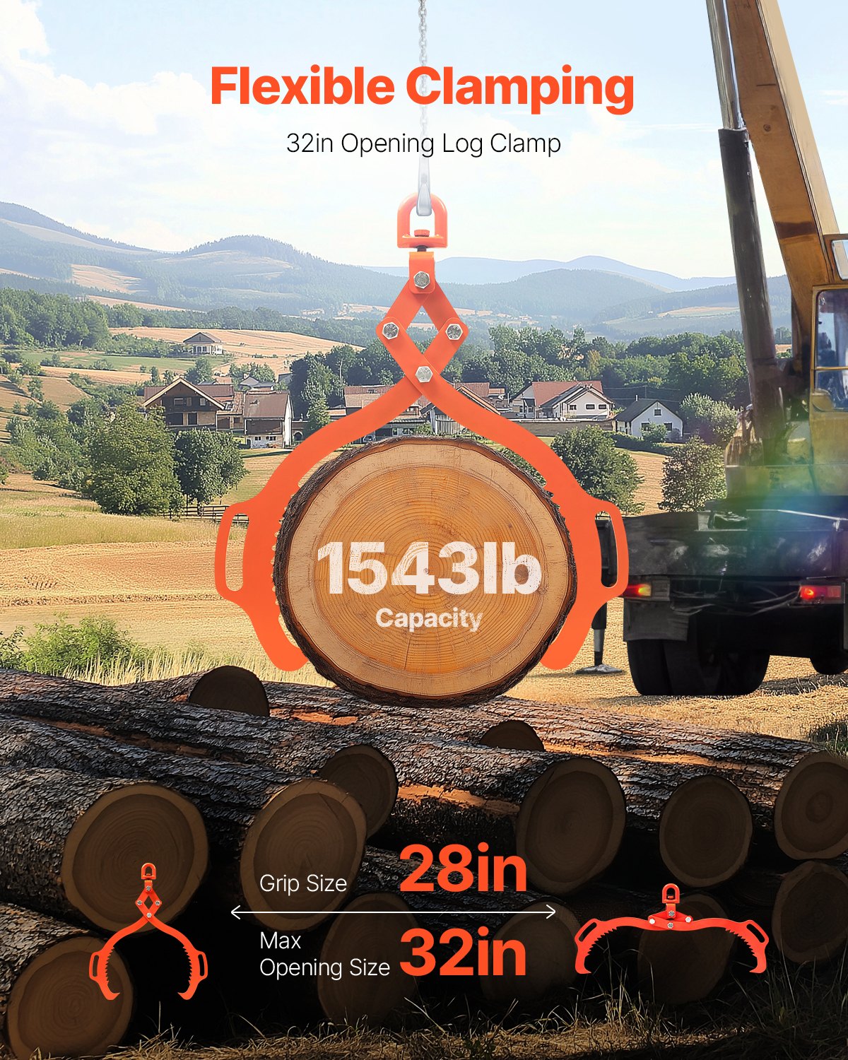 32in Log Lifting Tongs, 2-Claw Log Tongs, Heavy Duty Steel Log Grapple, 1543LBS Lifting Capacity, Swivel Log Graper Timber, Eagle Claw Design, Log Skidding Tongs for Trucks, Tractors, Forklifts - Image 2