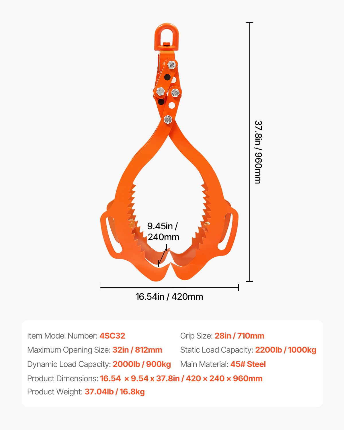 32in Log Lifting Tongs, 4-Claw Log Tongs, Heavy Duty Steel Log Grapple, 2200LBS Lifting Capacity, Swivel Log Graper Timber, Eagle Claw Design, Log Skidding Tongs for Trucks, Tractors, Forklifts - Image 7