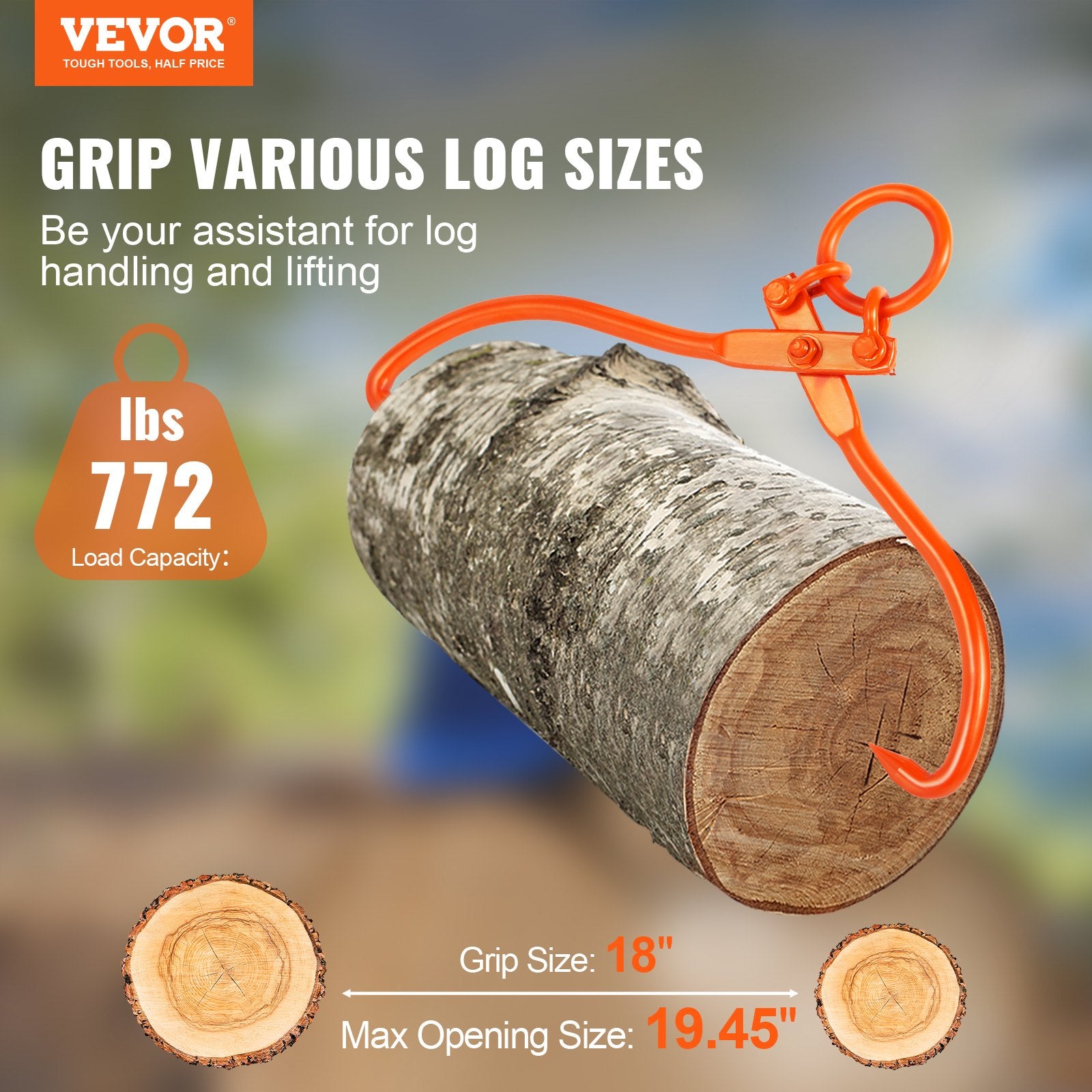 Log Skidding Tongs, 18 inch 2 Claw Log Lifting Tongs, Heavy Duty Steel Lumber Skidding Tongs, 772 lbs/350 kg Loading Capacity, Log Lifting, Handling, Dragging & Carrying Tool - Image 2