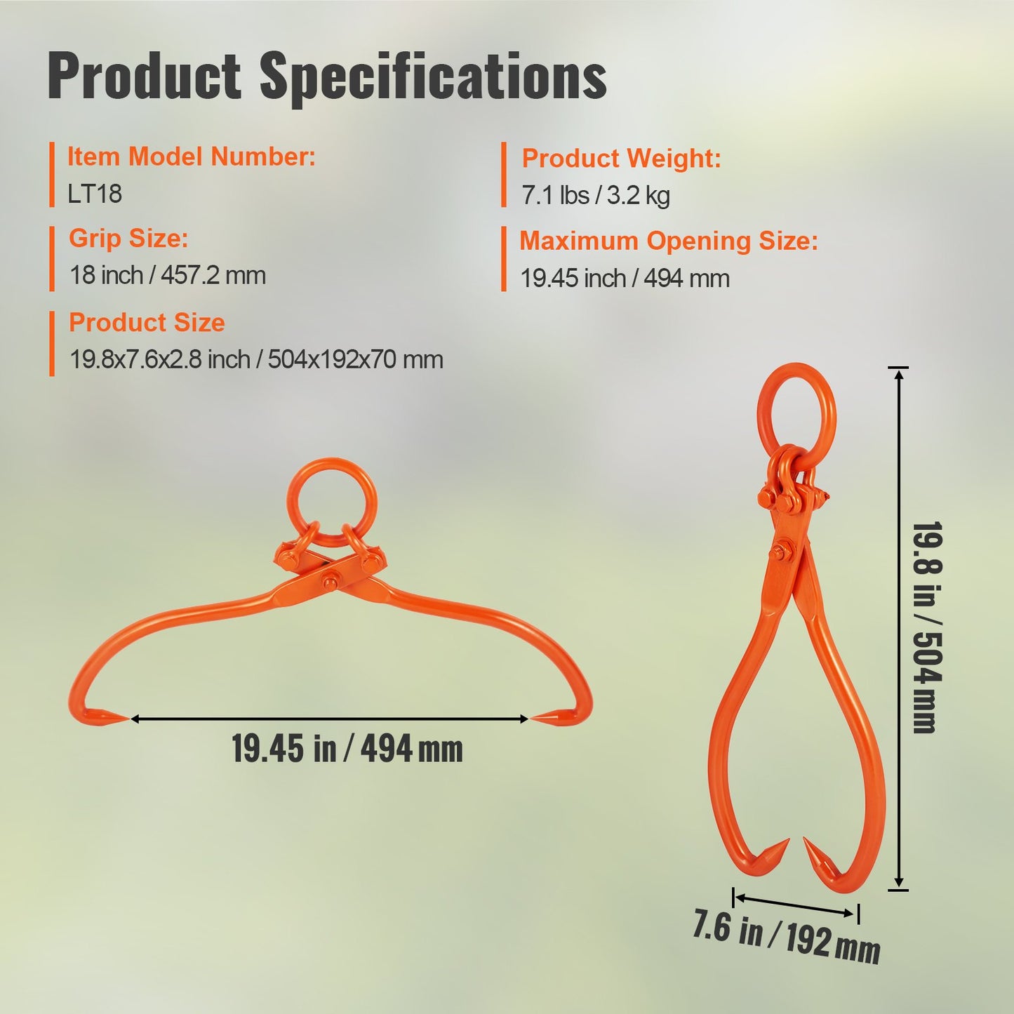 Log Skidding Tongs, 18 inch 2 Claw Log Lifting Tongs, Heavy Duty Steel Lumber Skidding Tongs, 772 lbs/350 kg Loading Capacity, Log Lifting, Handling, Dragging & Carrying Tool - Image 7