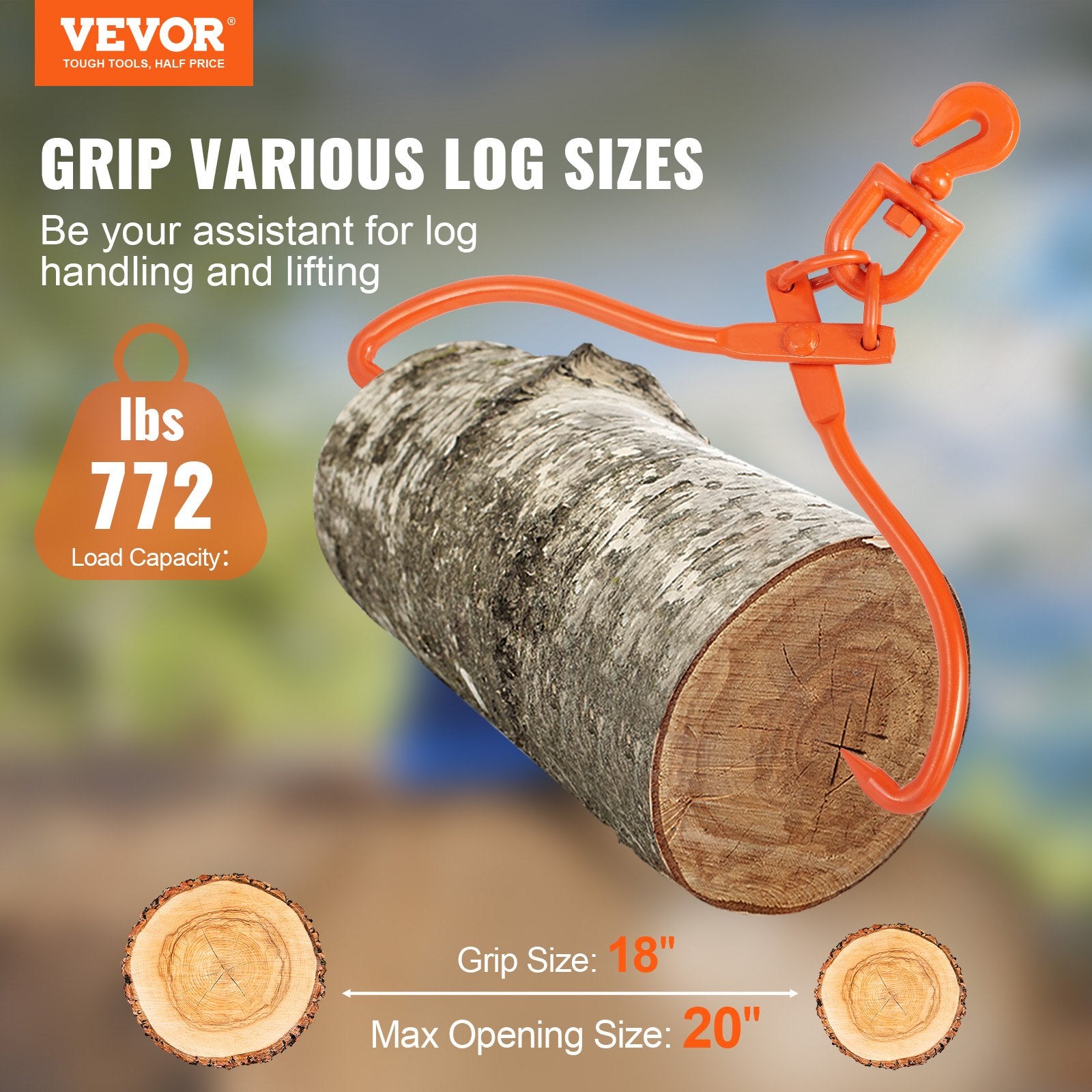 Log Skidding Tongs, 45.7cm 2 Claw Log Lifting Tongs, Heavy Duty Rotating Steel Lumber Skidding Tongs, 350 kg Loading Capacity, Log Lifting, Handling, Dragging & Carrying Tool - Image 2
