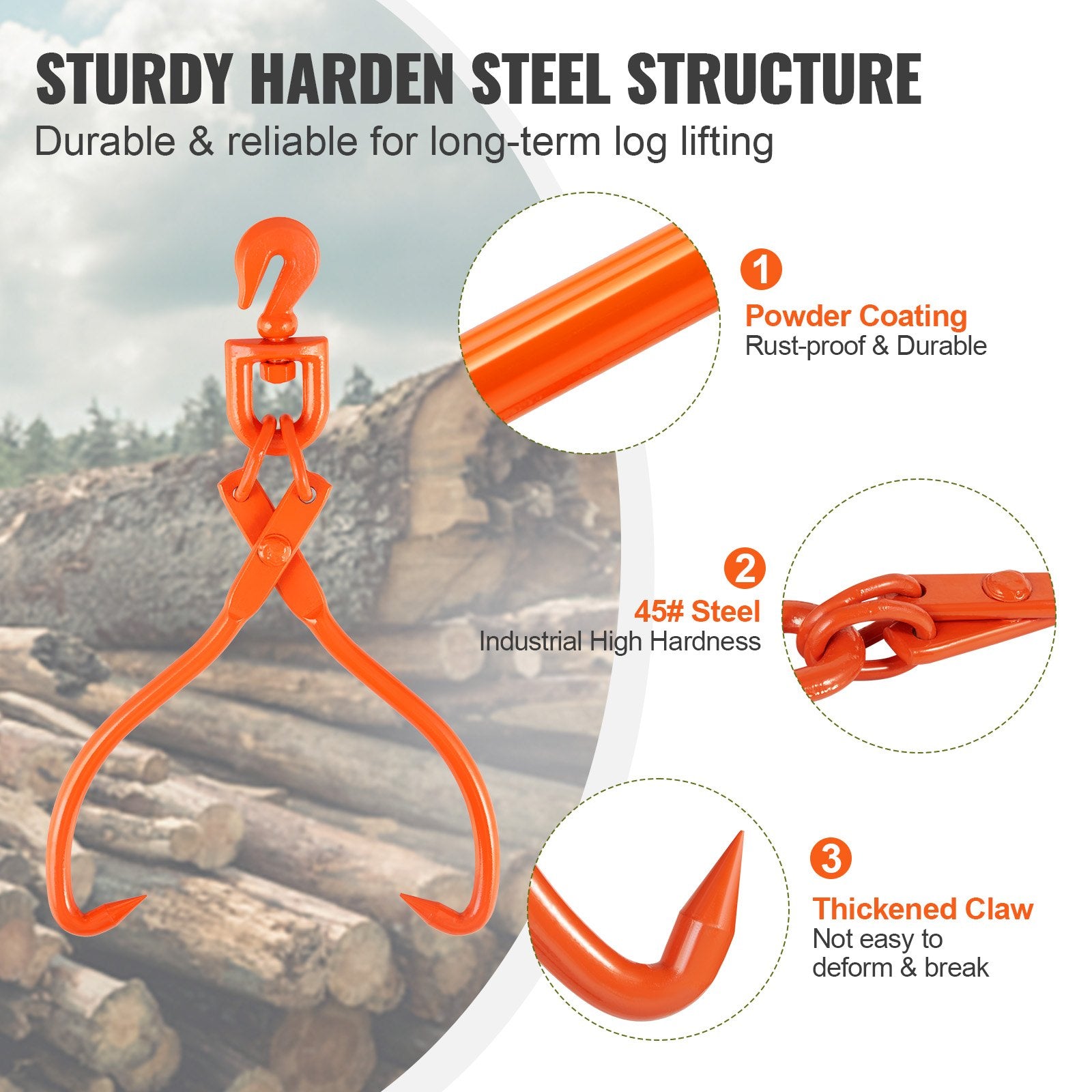 Log Skidding Tongs, 45.7cm 2 Claw Log Lifting Tongs, Heavy Duty Rotating Steel Lumber Skidding Tongs, 350 kg Loading Capacity, Log Lifting, Handling, Dragging & Carrying Tool - Image 4