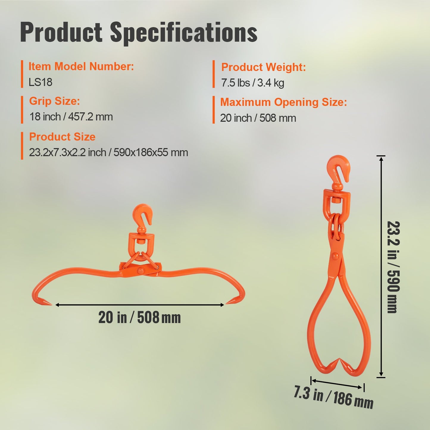 Log Skidding Tongs, 45.7cm 2 Claw Log Lifting Tongs, Heavy Duty Rotating Steel Lumber Skidding Tongs, 350 kg Loading Capacity, Log Lifting, Handling, Dragging & Carrying Tool - Image 7