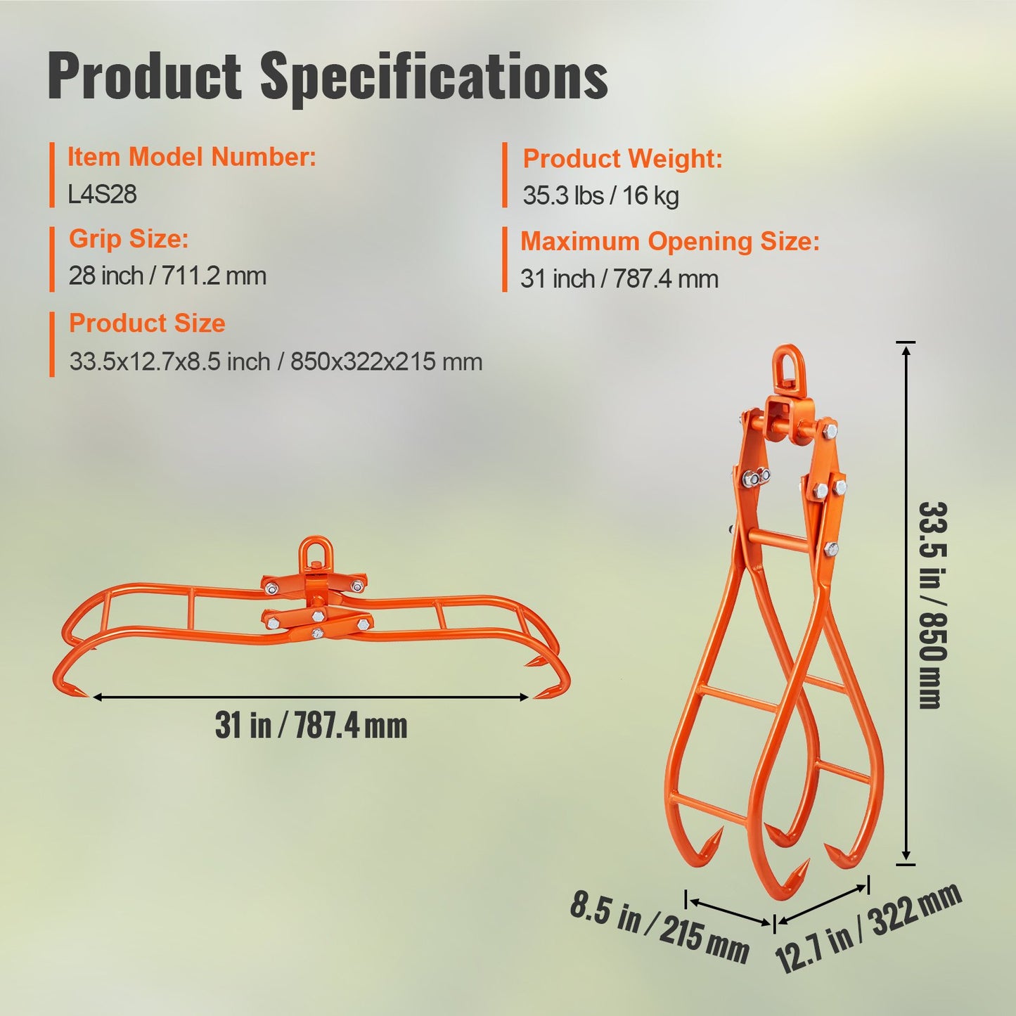 Timber Claw Hook, 28 inch 4 Claw Log Grapple for Logging Tongs, Swivel Steel Log Lifting Tongs, Eagle Claws Design with 2205 lbs/1000 kg Loading Capacity for Tractors, ATVs, Trucks, Forklifts - Image 7