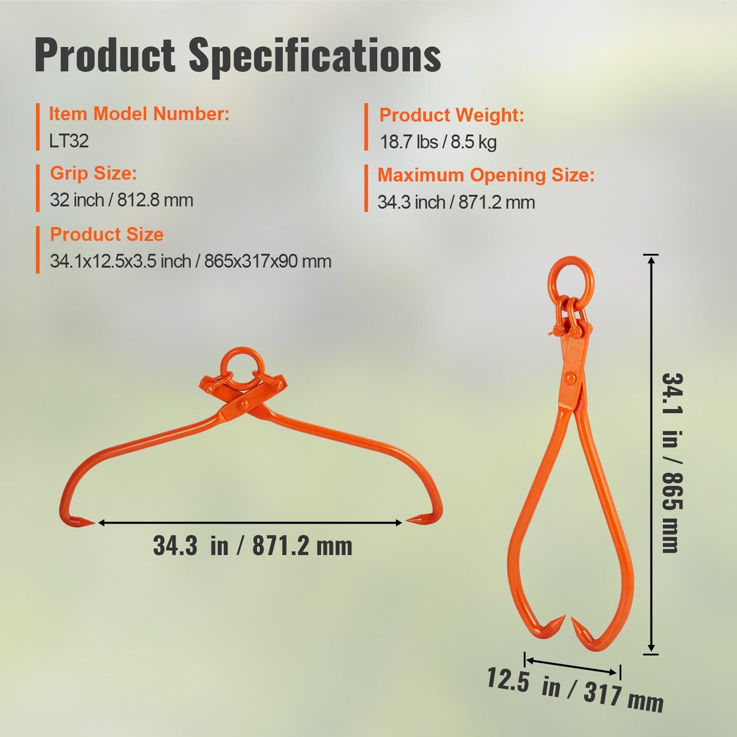 Log Skidding Tongs, 81.3cm 2 Claw Log Lifting Tongs, Heavy Duty Steel Lumber Skidding Tongs, 700 kg Loading Capacity, Log Lifting, Handling, Dragging & Carrying Tool - Image 7