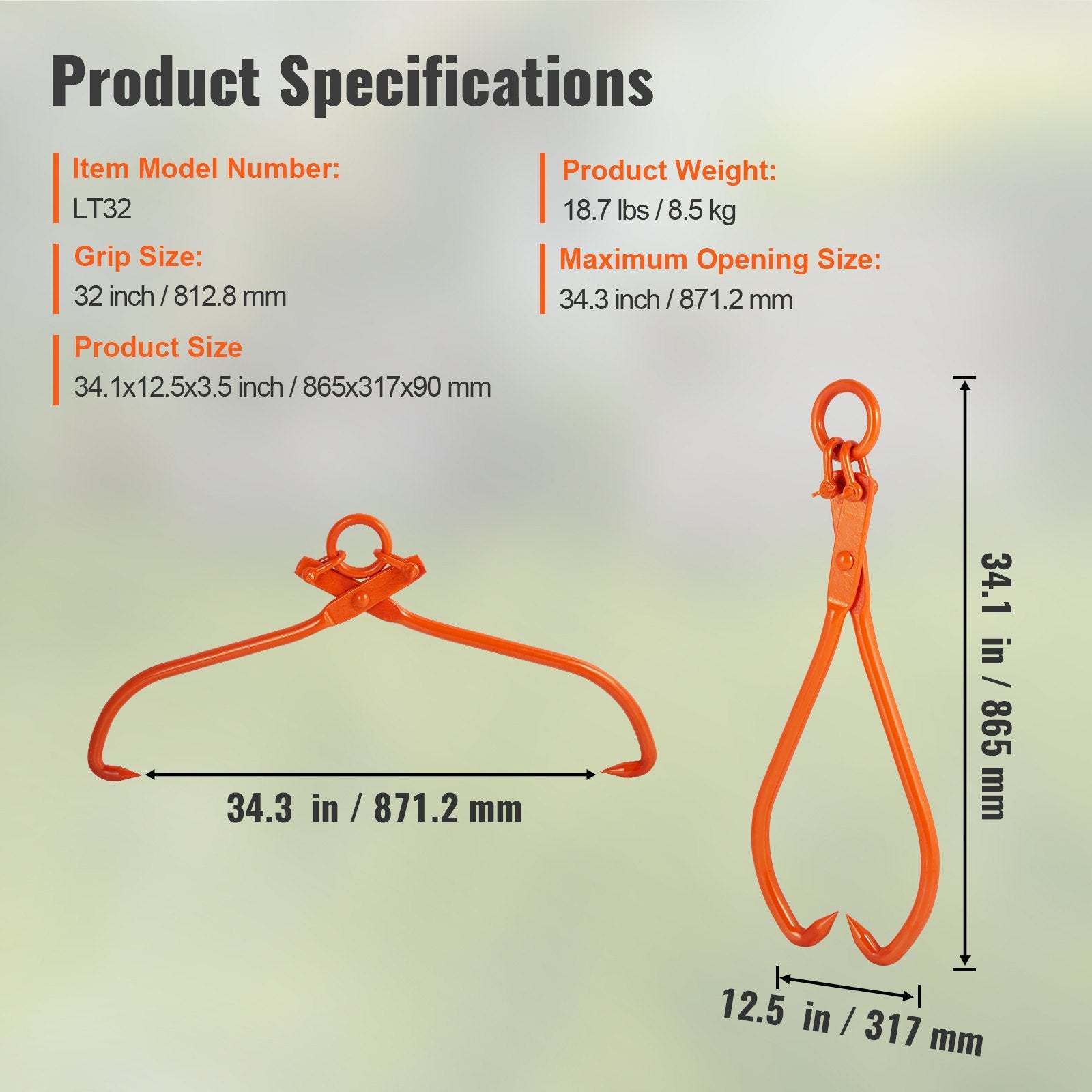 Log Skidding Tongs, 81.3cm 2 Claw Log Lifting Tongs, Heavy Duty Steel Lumber Skidding Tongs, 700 kg Loading Capacity, Log Lifting, Handling, Dragging & Carrying Tool - Image 7