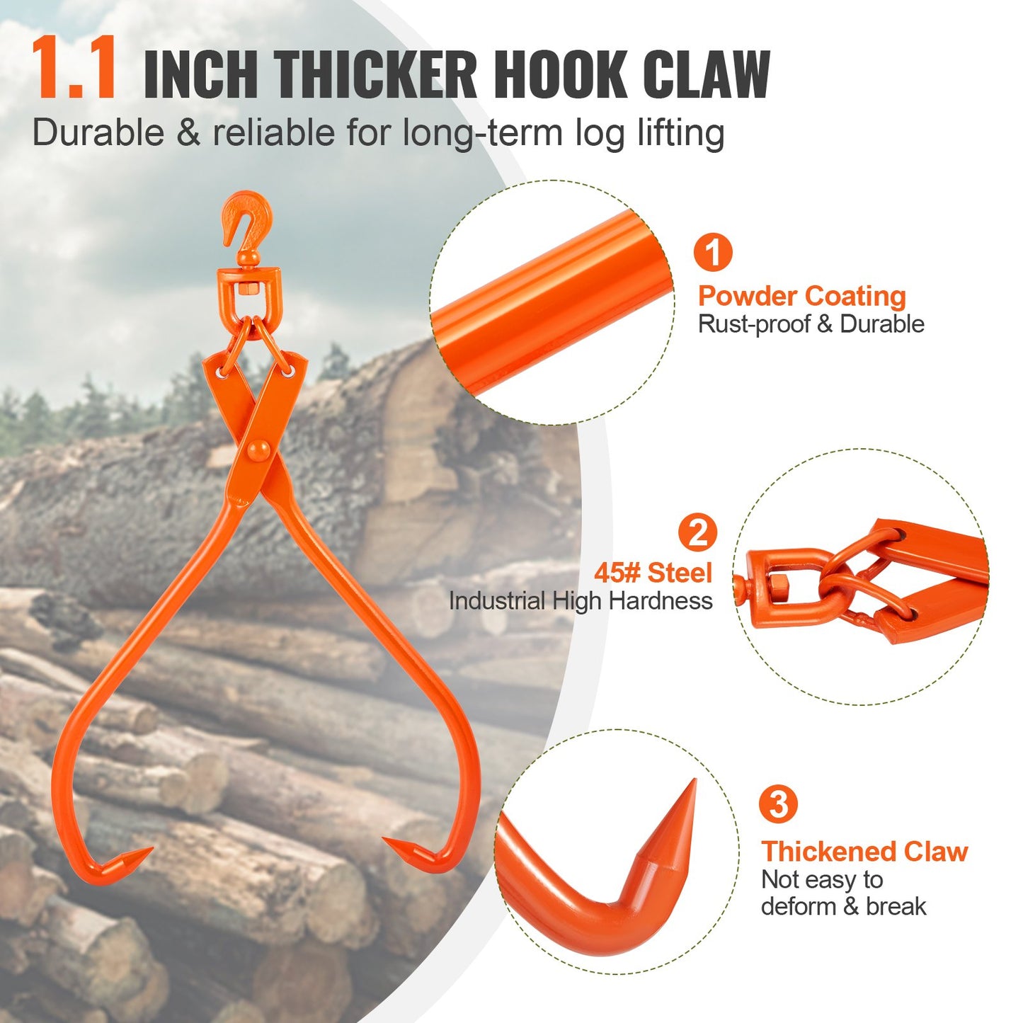 Log Skidding Tongs, 81.3cm 2 Claw Log Lifting Tongs, Heavy Duty Rotating Steel Lumber Skidding Tongs, 700 kg Loading Capacity, Log Lifting, Handling, Dragging & Carrying Tool - Image 4