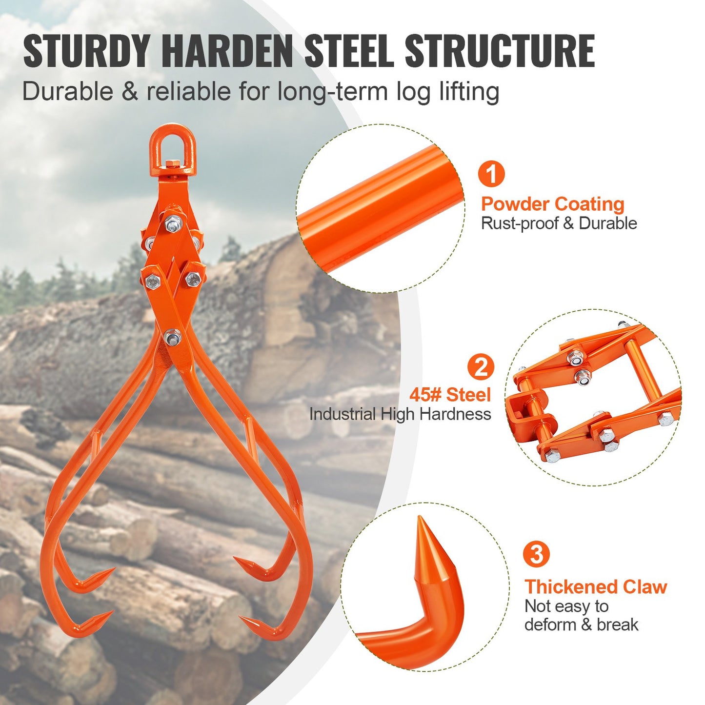 Timber Claw Hook, 36 inch 4 Claw Log Grapple for Logging Tongs, Swivel Steel Log Lifting Tongs, Eagle Claws Design with 3307 lbs/1500 kg Loading Capacity for Tractors, ATVs, Trucks, Forklifts - Image 4