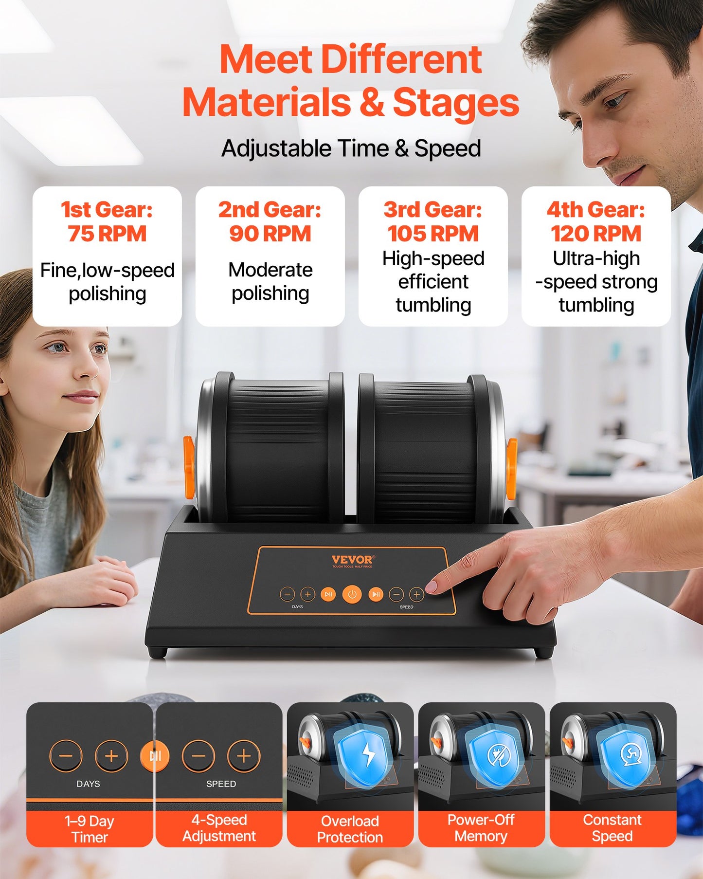Rock Tumbler Kit, 8 lbs Rock Polishing Kit, 4 Speed Settings 9-Day Polishing Timer Stone Polishing Kit, Double Barrel Rock Polisher with Adapter, Rock Polisher for Adults and Kids - Image 4