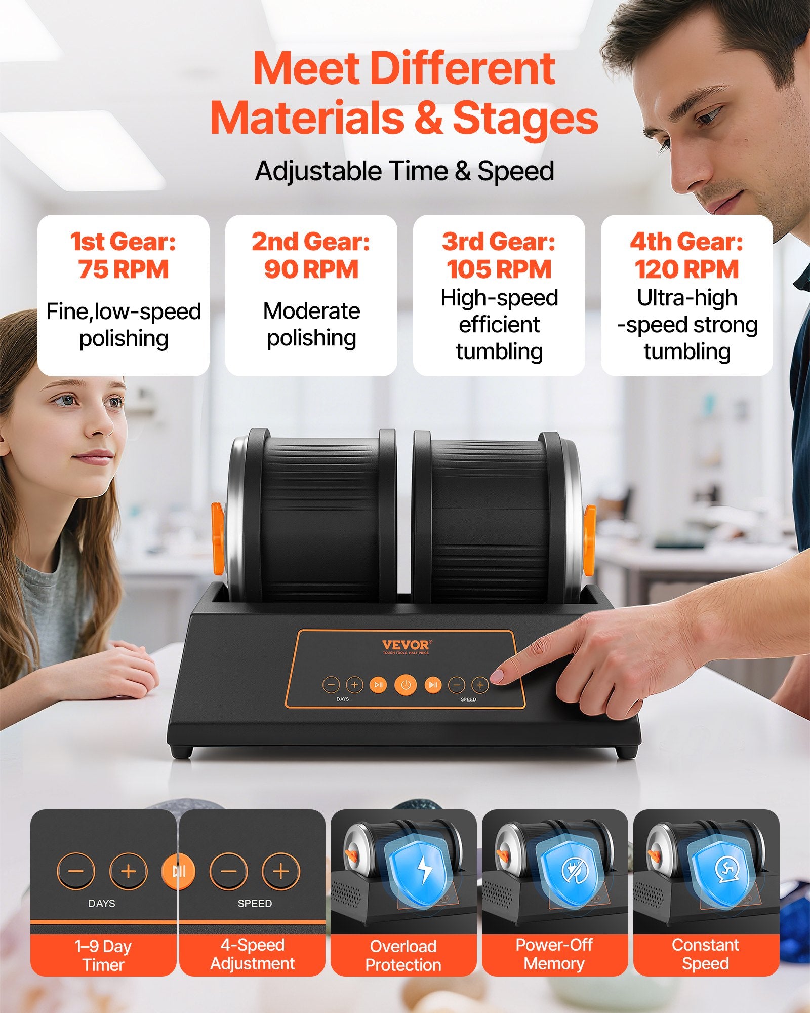 Rock Tumbler Kit, 8 lbs Rock Polishing Kit, 4 Speed Settings 9-Day Polishing Timer Stone Polishing Kit, Double Barrel Rock Polisher with Adapter, Rock Polisher for Adults and Kids - Image 4
