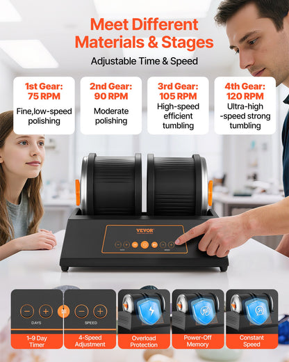 Rock Tumbler Kit, 8 lbs Rock Polishing Kit, 4 Speed Settings 9-Day Polishing Timer Stone Polishing Kit, Double Barrel Rock Polisher with Adapter, Rock Polisher for Adults and Kids - Image 4