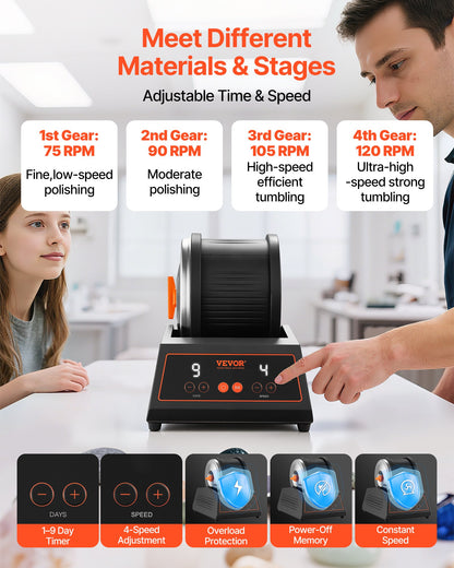 Rock Tumbler Kit, 4lbs Rock Polishing Kit, 4 Speed Settings 9-Day Polishing Timer Stone Polishing Kit, Belt-Free Rock Polisher with Adapter & Overload Protection, Rock Polisher for Adults Kids - Image 4