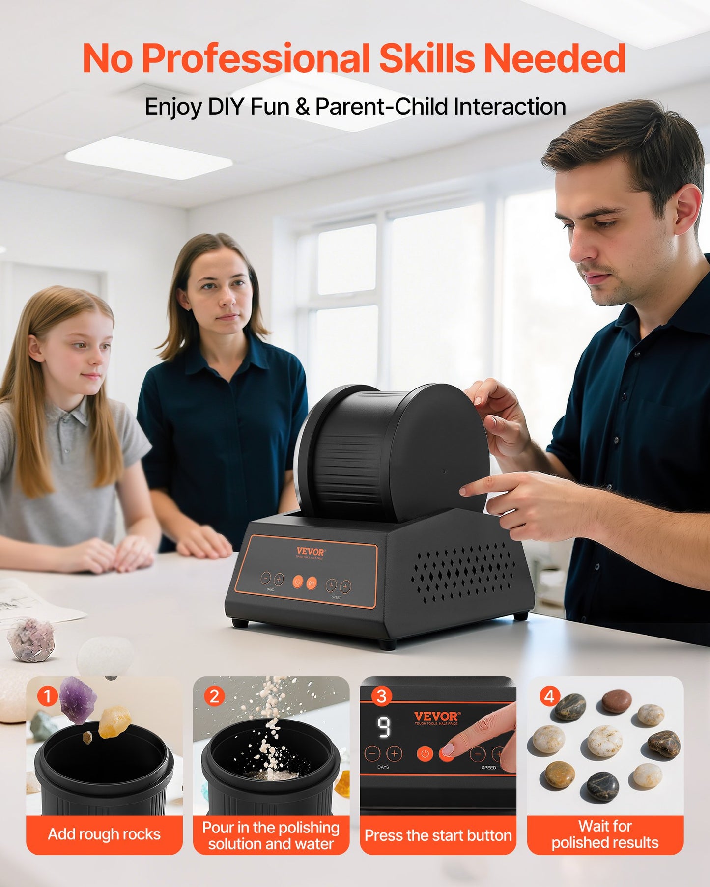 Rock Tumbler Kit, 4lbs Rock Polishing Kit, 4 Speed Settings 9-Day Polishing Timer Stone Polishing Kit, Belt-Free Rock Polisher with Adapter & Overload Protection, Rock Polisher for Adults Kids - Image 6