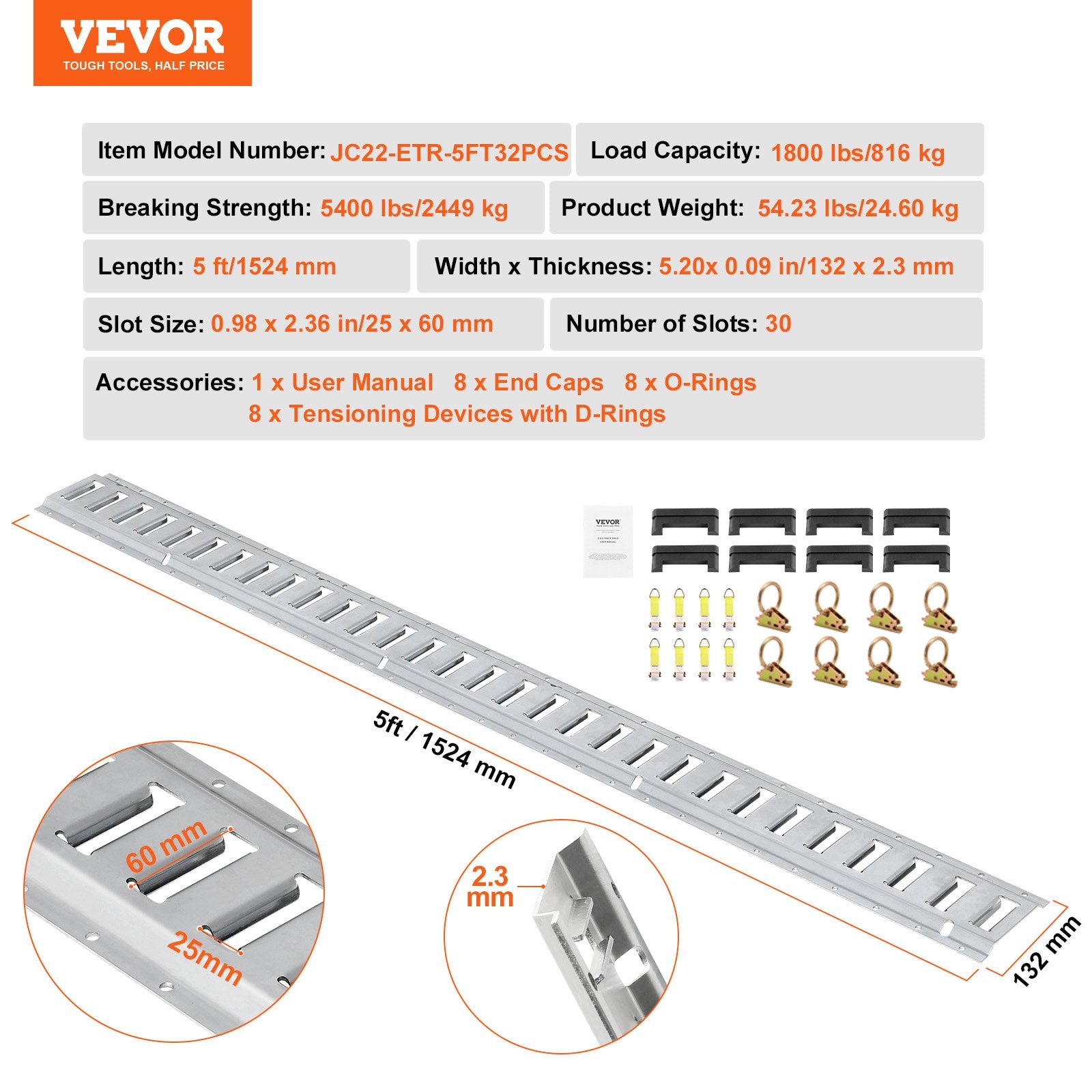 E Track Tie-Down Rail Kit, 24PCS 1524 mm E-Tracks Set Includes 8 Steel Rails & 8 O-Rings & 8 Tie-Offs with D-Ring, Versatile Trailer Securing Accessories for Cargo Motorcycles Bikes, 816 kg Load - Image 7