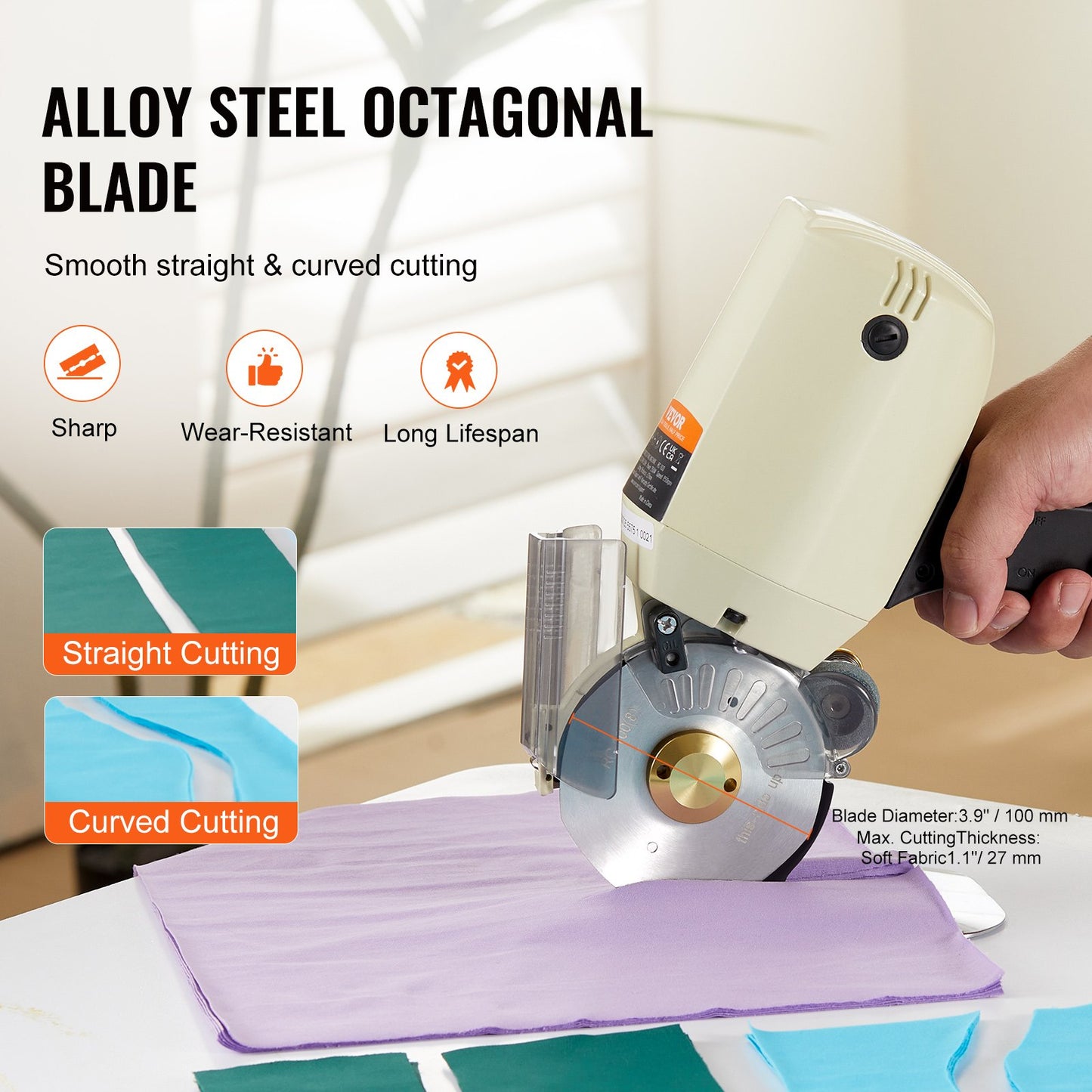 Fabric Cutter, 250W Electric Rotary Fabric Cutting Machine, 1.1" Cutting Thickness, Octagonal Knife, with Replacement Blade and Sharpening Stones, for Multi-Layer Cloth Fabric Leather - Image 3