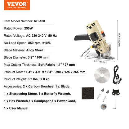 Fabric Cutter, 250W Electric Rotary Fabric Cutting Machine, 1.1" Cutting Thickness, Octagonal Knife, with Replacement Blade and Sharpening Stones, for Multi-Layer Cloth Fabric Leather - Image 7