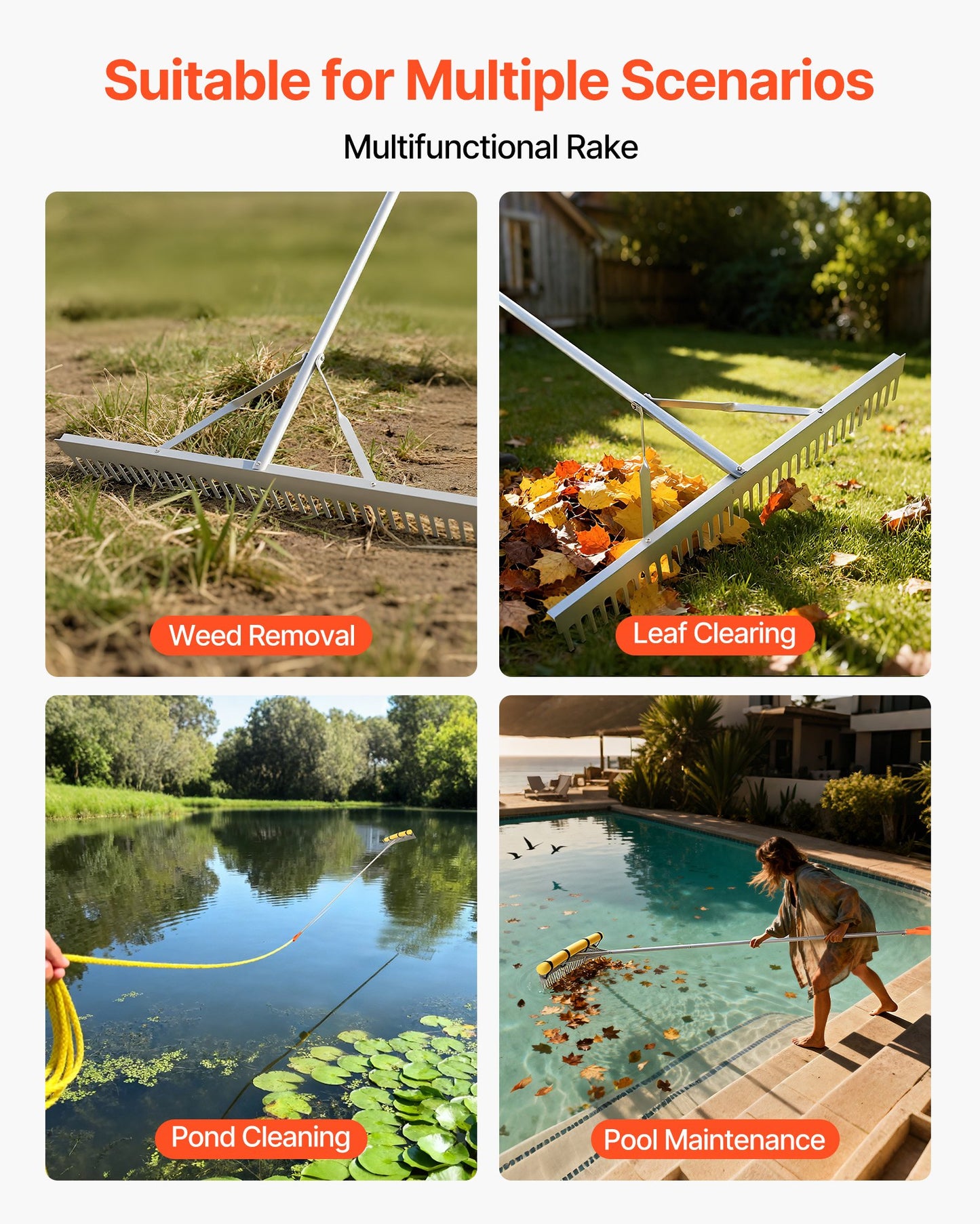 Landscape Rake, 914 mm Wide Head 3380 mm Handle, Large Heavy Duty Aluminum Landscaping Leaf Rake Tool, Asphalt Level for Loosening Soil, Garden & Yard, Pond Gravel & Beach Lawn Care, 15.8m Rope - Image 2