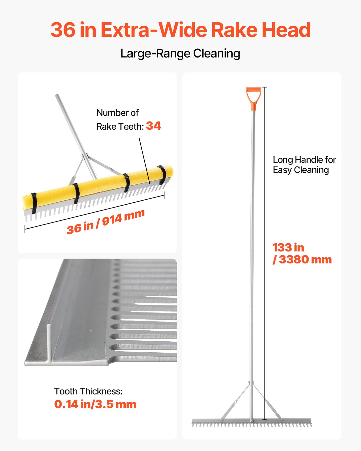 Landscape Rake, 914 mm Wide Head 3380 mm Handle, Large Heavy Duty Aluminum Landscaping Leaf Rake Tool, Asphalt Level for Loosening Soil, Garden & Yard, Pond Gravel & Beach Lawn Care, 15.8m Rope - Image 3