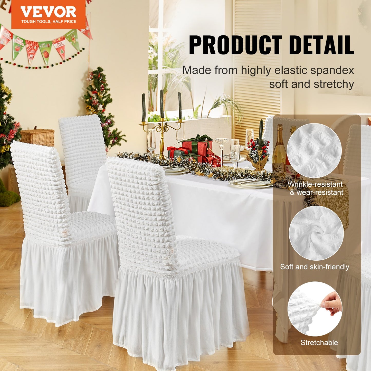 Stretch Spandex Folding Chair Covers, Universal Fitted Chair Cover with Skirt, Removable Washable Protective Slipcovers, for Wedding, Holiday, Banquet, Party, Celebration, Dining (4 PCS White) - Image 2