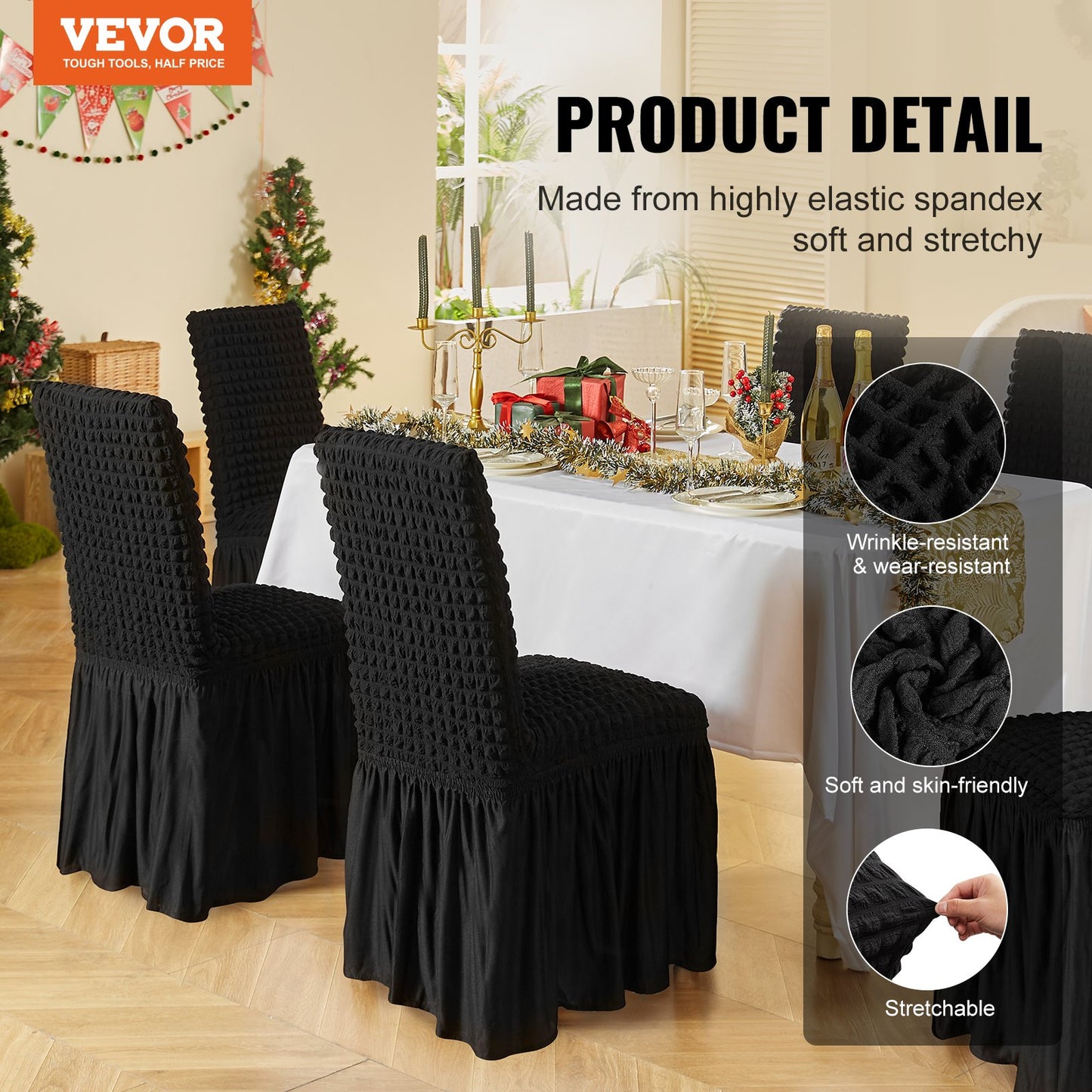 Stretch Spandex Folding Chair Covers, Universal Fitted Chair Cover with Skirt, Removable Washable Protective Slipcovers, for Wedding, Holiday, Banquet, Party, Celebration, Dining (4 PCS Black) - Image 2