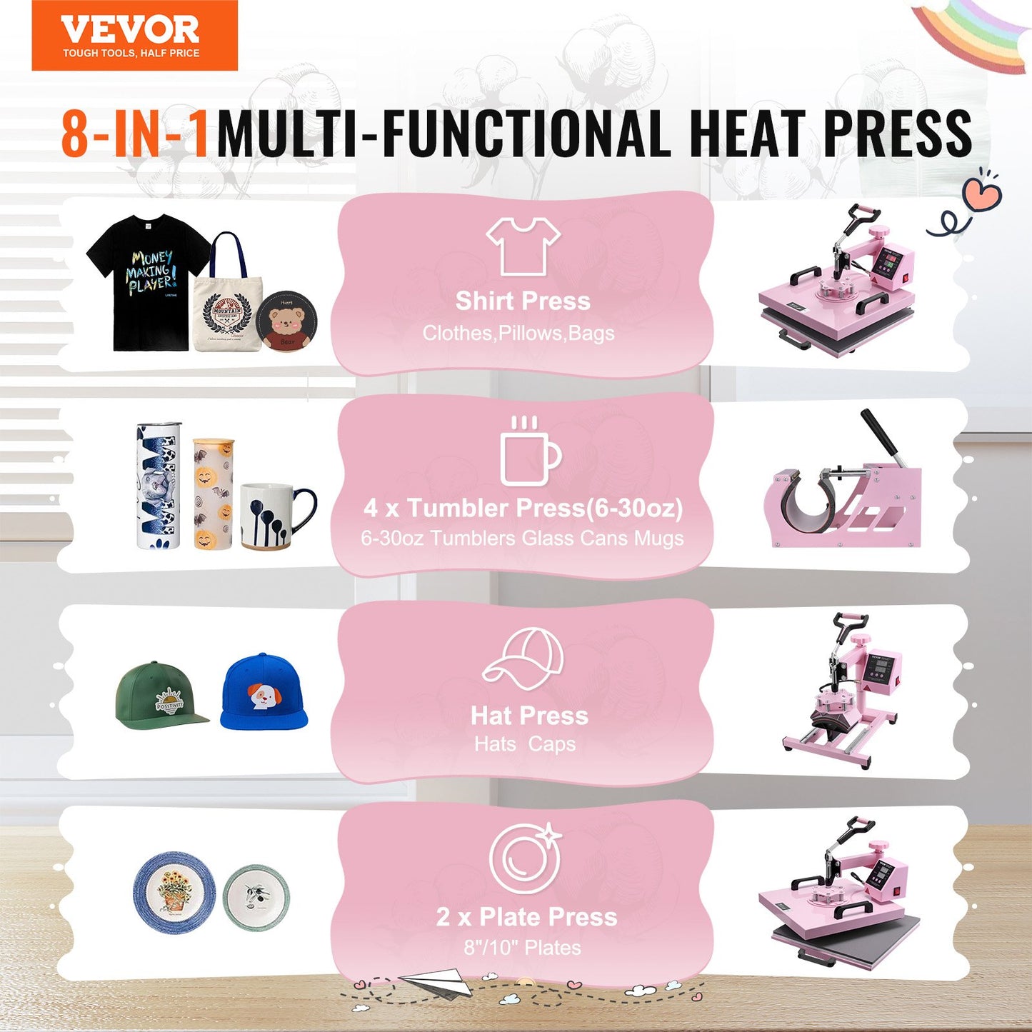 Heat Press Machine, 15 x 15 inch, 5 in 1 Heat Transfer Machine with 30 oz Tumbler Press, 360° Swing Away T-Shirt Pressing, Digital Precise Control, for T-Shirts/Mugs/Hats/Plates, Pink - Image 2