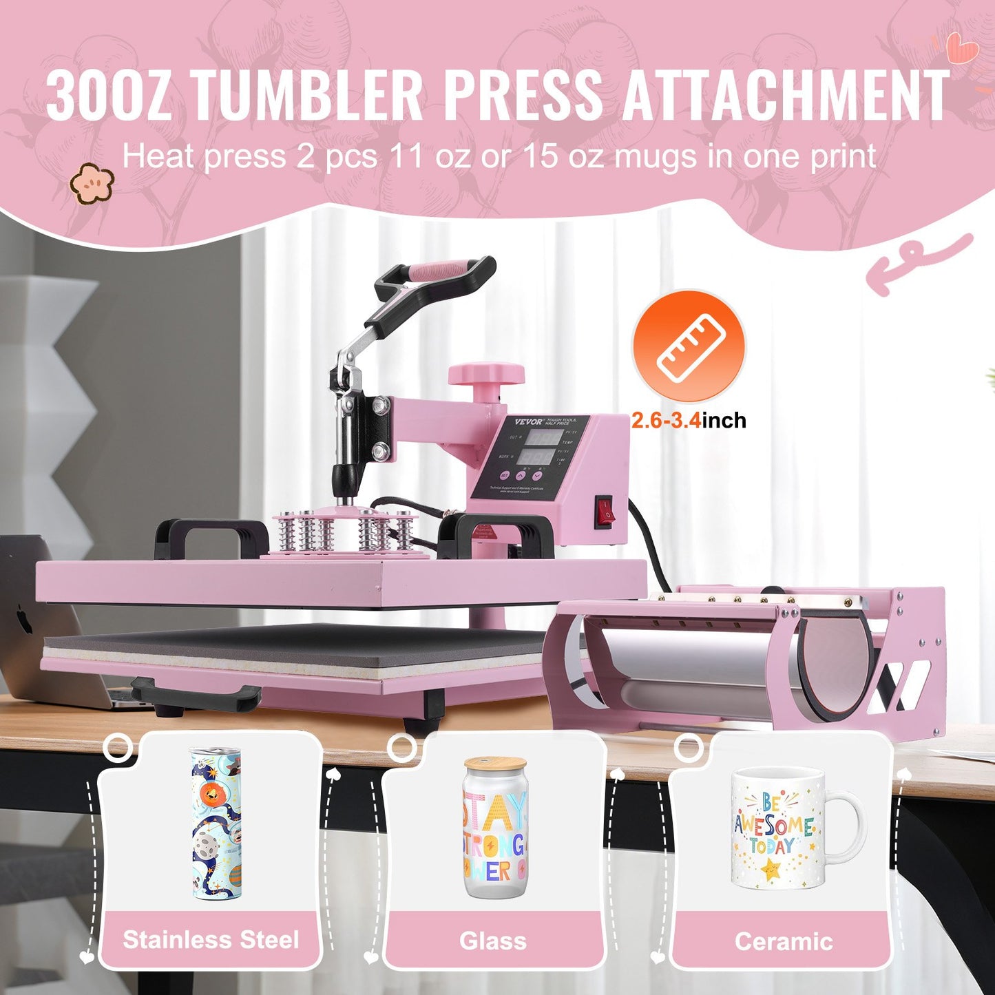 Heat Press Machine, 15 x 15 inch, 5 in 1 Heat Transfer Machine with 30 oz Tumbler Press, 360° Swing Away T-Shirt Pressing, Digital Precise Control, for T-Shirts/Mugs/Hats/Plates, Pink - Image 3