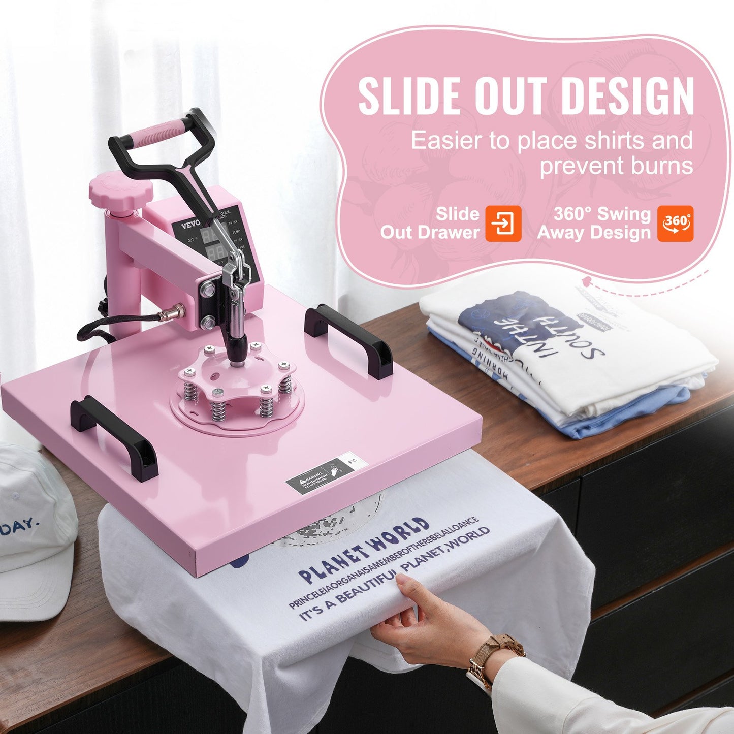 Heat Press Machine, 15 x 15 inch, 5 in 1 Heat Transfer Machine with 30 oz Tumbler Press, 360° Swing Away T-Shirt Pressing, Digital Precise Control, for T-Shirts/Mugs/Hats/Plates, Pink - Image 4