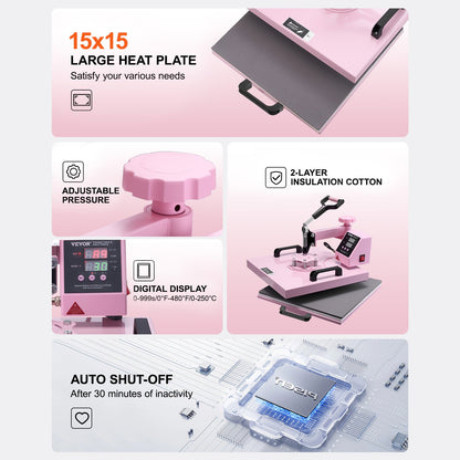 Heat Press Machine, 15 x 15 inch, 5 in 1 Heat Transfer Machine with 30 oz Tumbler Press, 360° Swing Away T-Shirt Pressing, Digital Precise Control, for T-Shirts/Mugs/Hats/Plates, Pink - Image 6