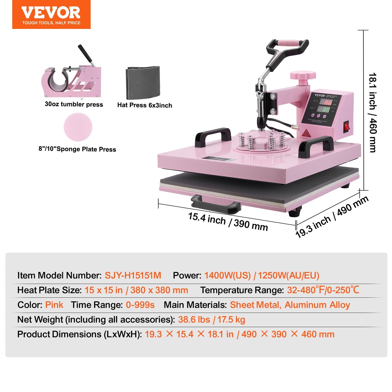 Heat Press Machine, 15 x 15 inch, 5 in 1 Heat Transfer Machine with 30 oz Tumbler Press, 360° Swing Away T-Shirt Pressing, Digital Precise Control, for T-Shirts/Mugs/Hats/Plates, Pink - Image 7