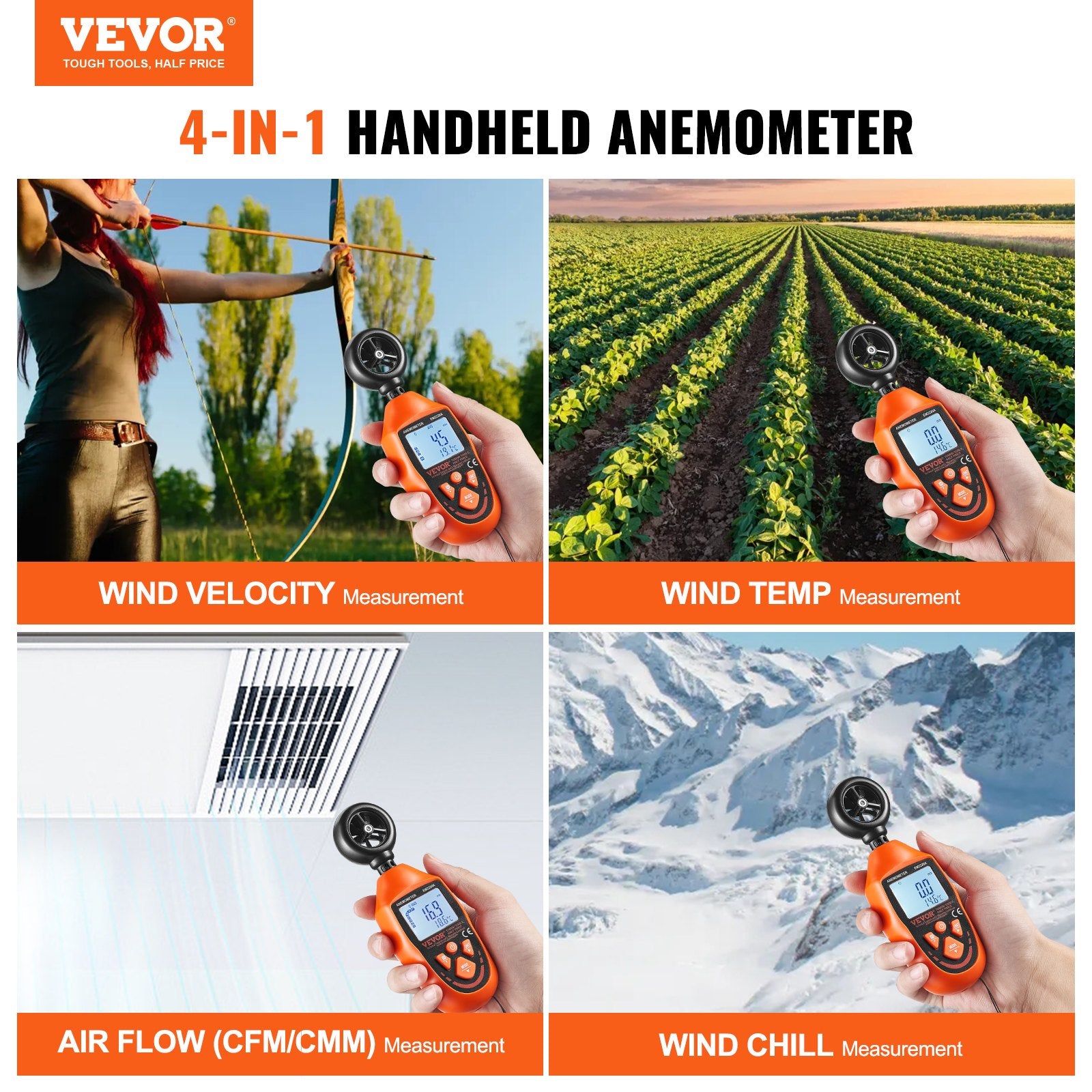 Handheld Anemometer, -10℃ to 45℃, Digital Wind Speed Meter Gauge with LED Backlight Screen, Measures Wind Velocity Wind Temperature Air Flow Wind Chill, for Sailing Surfing Drone Flying HVAC - Image 2