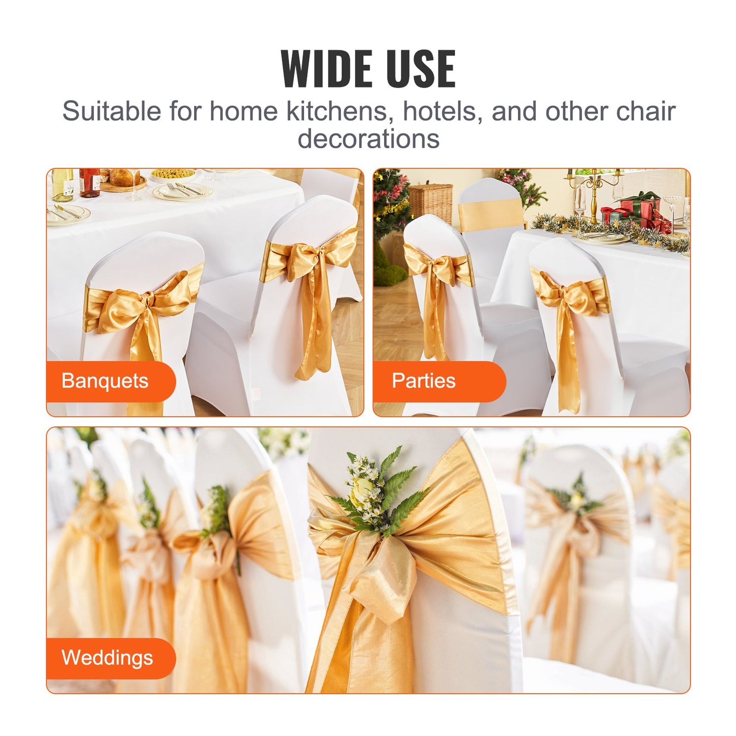 Stretch Spandex Chair Sashes Bows, Chair Slipcover and Stretch Chair Sash, Elastic Chair Bands, Fitting Wedding, Holiday, Banquet, Party, Celebration Chair Decoration (50 PCS Gold) - Image 6
