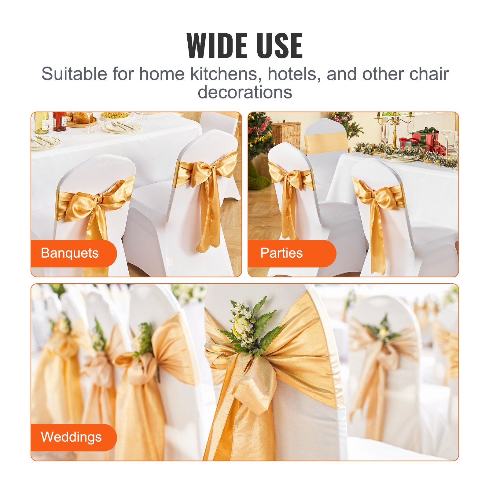 Stretch Spandex Chair Sashes Bows, Chair Slipcover and Stretch Chair Sash, Elastic Chair Bands, Fitting Wedding, Holiday, Banquet, Party, Celebration Chair Decoration (50 PCS Gold) - Image 6