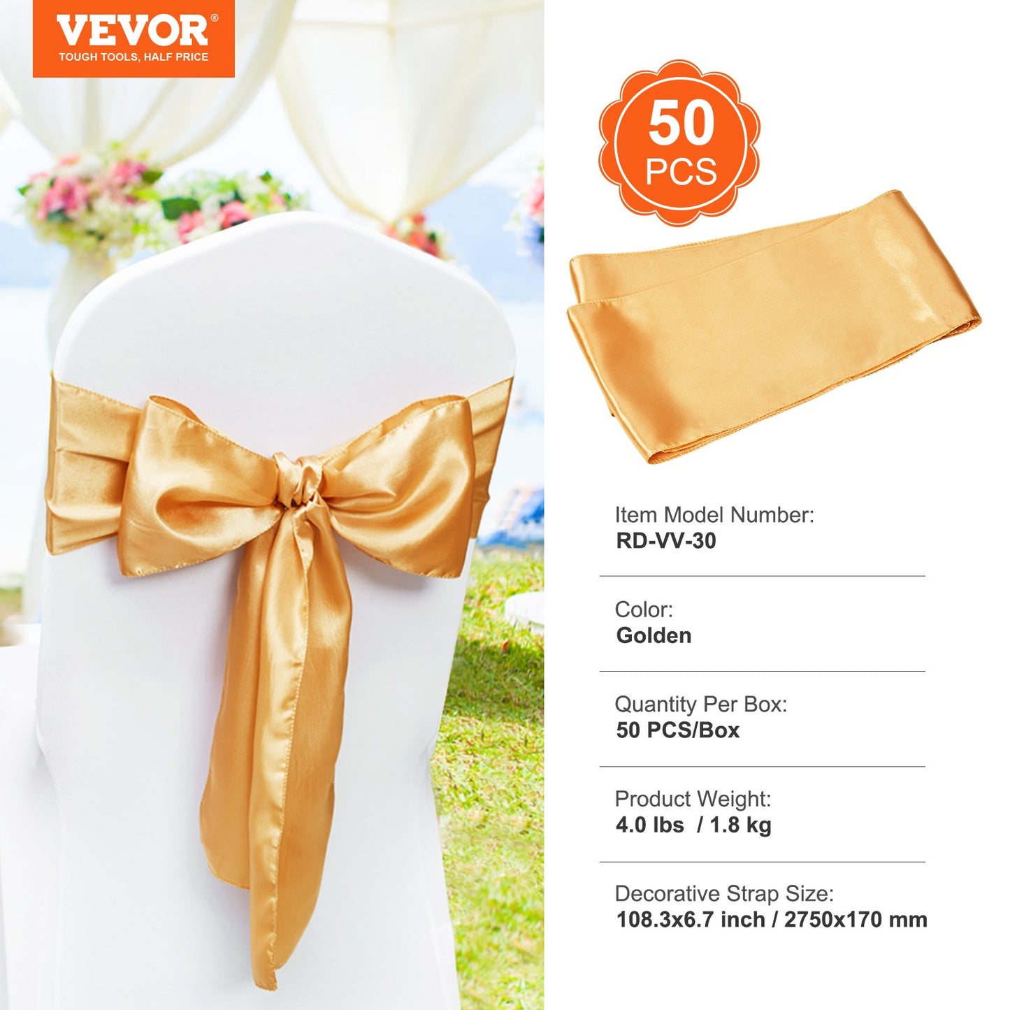 Stretch Spandex Chair Sashes Bows, Chair Slipcover and Stretch Chair Sash, Elastic Chair Bands, Fitting Wedding, Holiday, Banquet, Party, Celebration Chair Decoration (50 PCS Gold) - Image 7