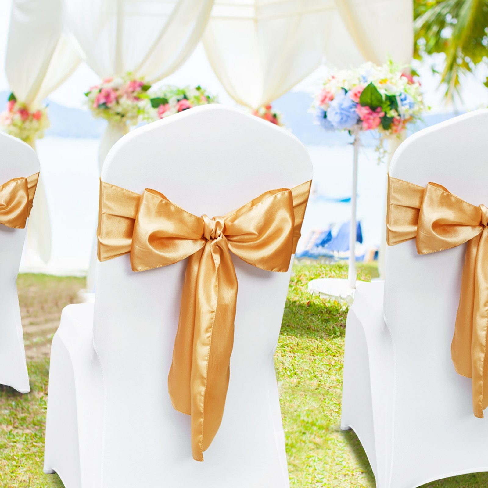 Stretch Spandex Chair Sashes Bows, Chair Slipcover and Stretch Chair Sash, Elastic Chair Bands, Fitting Wedding, Holiday, Banquet, Party, Celebration Chair Decoration (50 PCS Gold) - Image 8