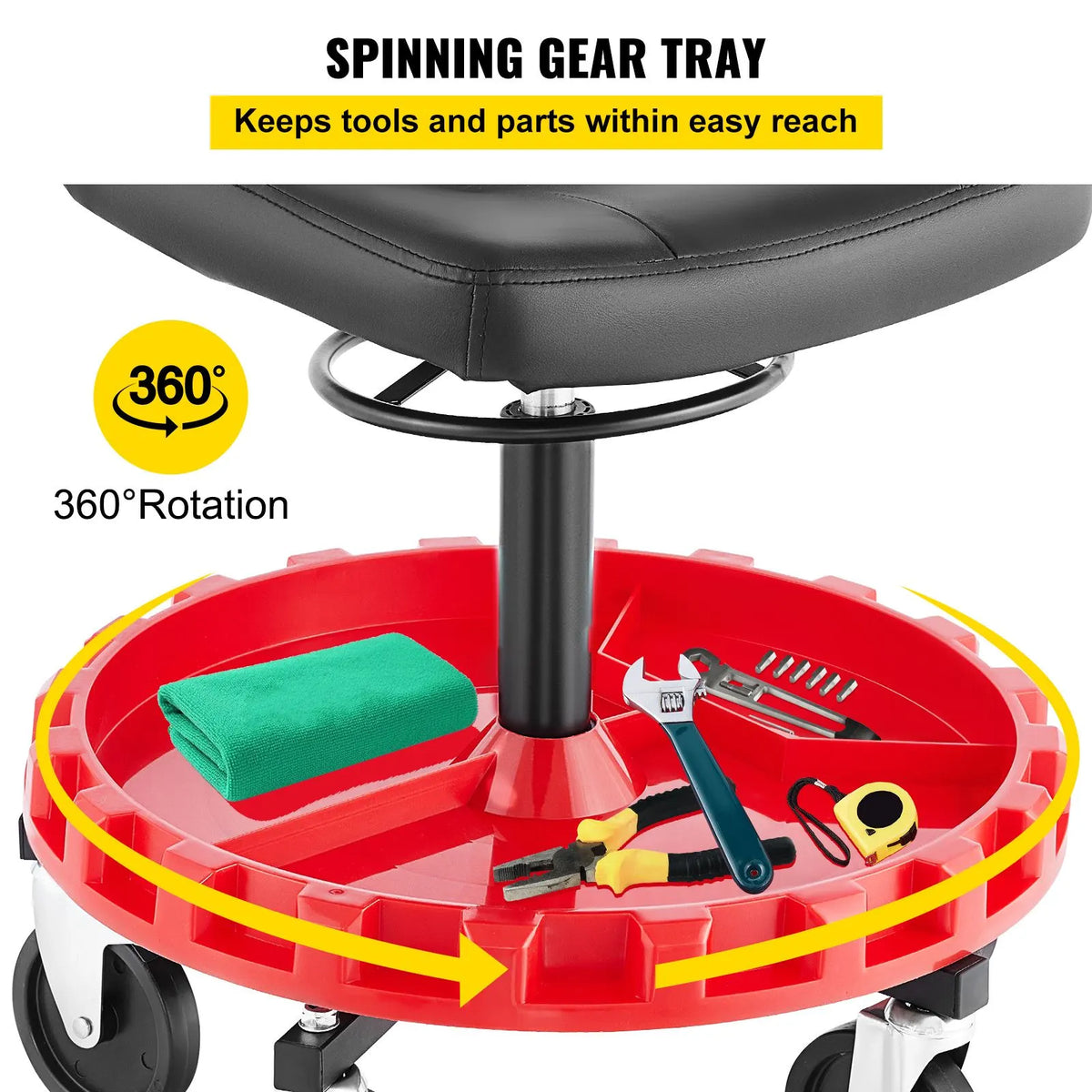 Shop Stool, 135 kg Rolling Garage Stool, 56 cm to 66 cm Adjustable Height Mobile Rolling Gear Seat, Round Tray Garage Pneumatic Stool, All-Terrain 12.7 cm Casters with Two Brakes Mechanic Seat - Image 4