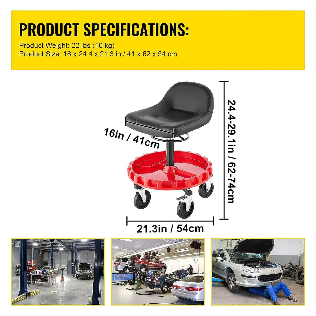 Shop Stool, 135 kg Rolling Garage Stool, 56 cm to 66 cm Adjustable Height Mobile Rolling Gear Seat, Round Tray Garage Pneumatic Stool, All-Terrain 12.7 cm Casters with Two Brakes Mechanic Seat - Image 7