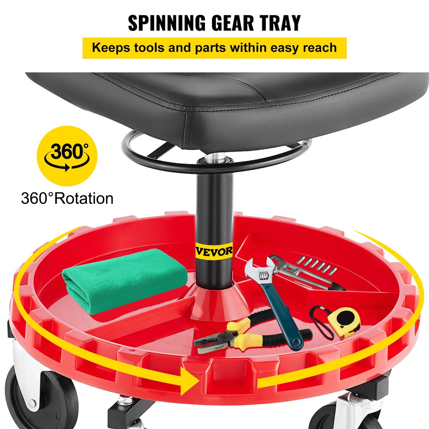 Shop Stool, 135 kg Rolling Garage Stool, 56 cm to 66 cm Adjustable Height Mobile Rolling Gear Seat, Round Tray Garage Pneumatic Stool, All-Terrain 12.7 cm Casters with Two Brakes Mechanic Seat - Image 4