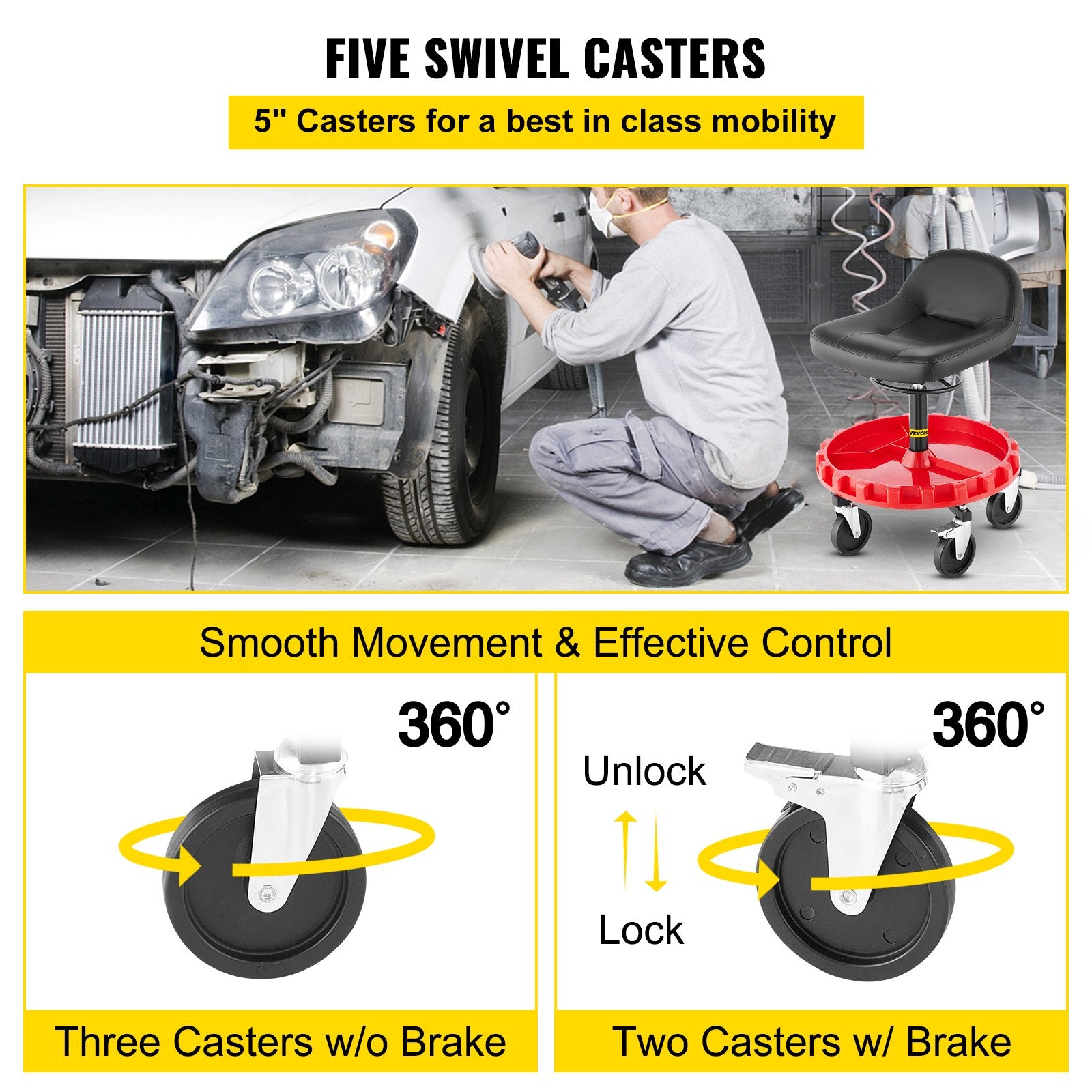 Shop Stool, 135 kg Rolling Garage Stool, 56 cm to 66 cm Adjustable Height Mobile Rolling Gear Seat, Round Tray Garage Pneumatic Stool, All-Terrain 12.7 cm Casters with Two Brakes Mechanic Seat - Image 5