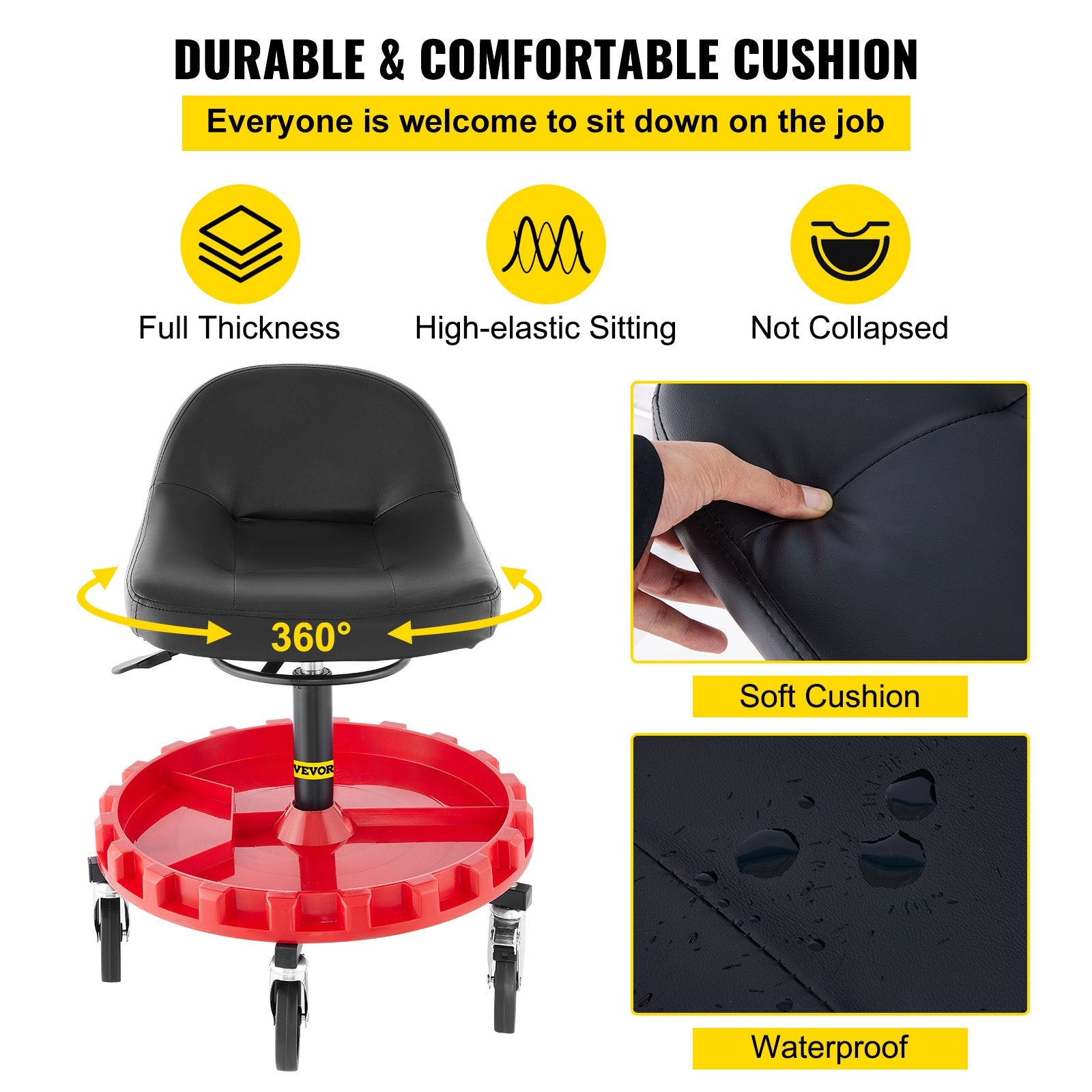 Shop Stool, 135 kg Rolling Garage Stool, 56 cm to 66 cm Adjustable Height Mobile Rolling Gear Seat, Round Tray Garage Pneumatic Stool, All-Terrain 12.7 cm Casters with Two Brakes Mechanic Seat - Image 6