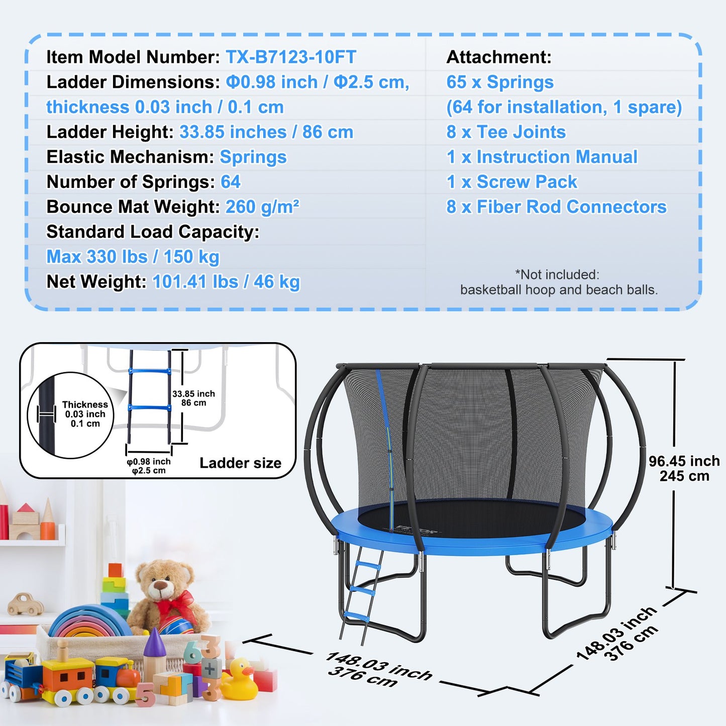 10FT Trampoline, 330 lbs Trampoline with Enclosure Net, Ladder, and Curved Pole, Heavy Duty Trampoline with Jumping Mat and Spring Cover Padding, Outdoor Recreational Trampolines for Kids Adults - Image 7