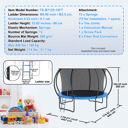 3.66m Trampoline, 181 kg Trampoline with Enclosure Net, Ladder, and Curved Pole, Heavy Duty Trampoline with Jumping Mat and Spring Cover Padding, Outdoor Recreational Trampolines for Kids Adults - Image 7