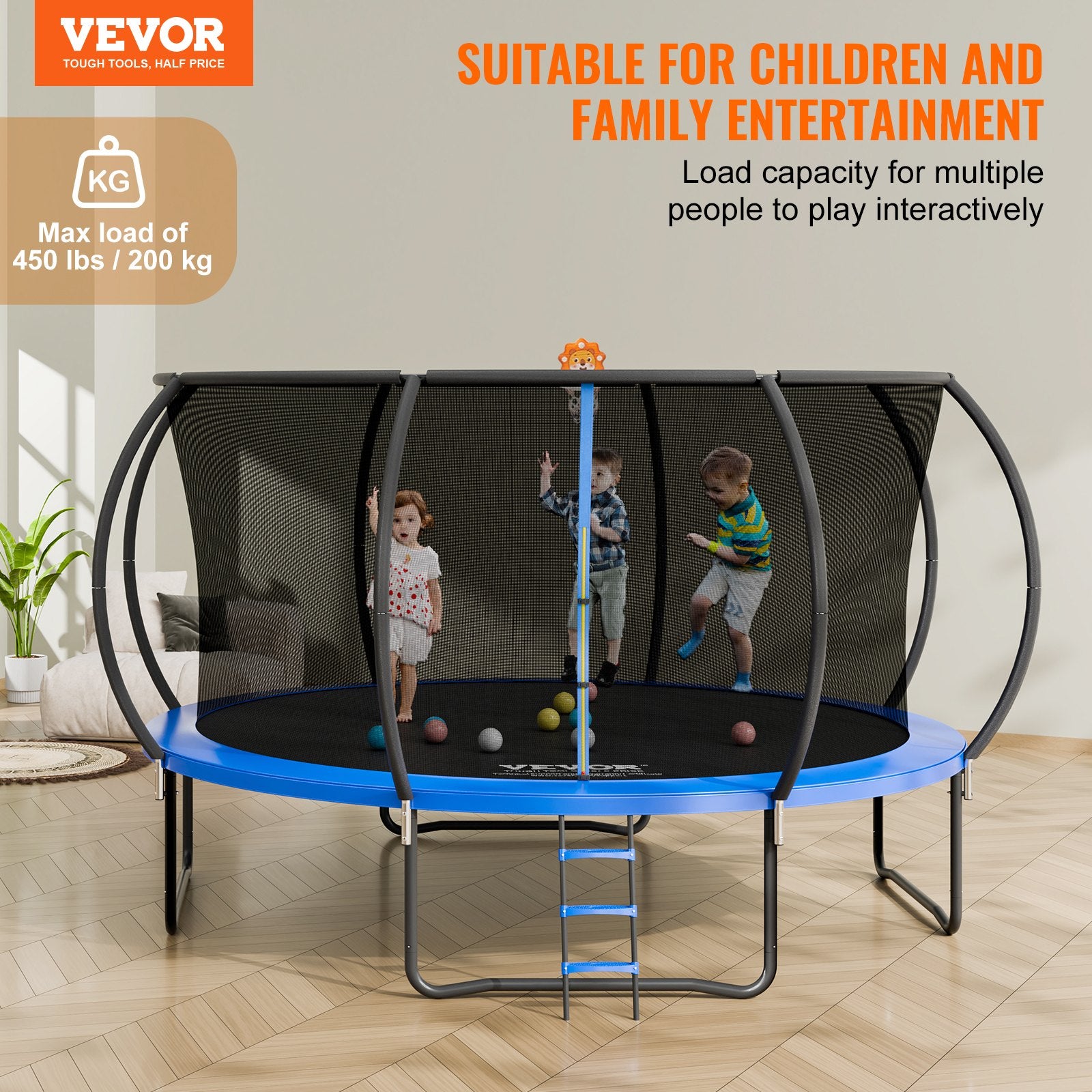 14FT Trampoline, 450 lbs Trampoline with Enclosure Net, Ladder, and Curved Pole, Heavy Duty Trampoline with Jumping Mat and Spring Cover Padding, Outdoor Recreational Trampolines for Kids Adults - Image 2