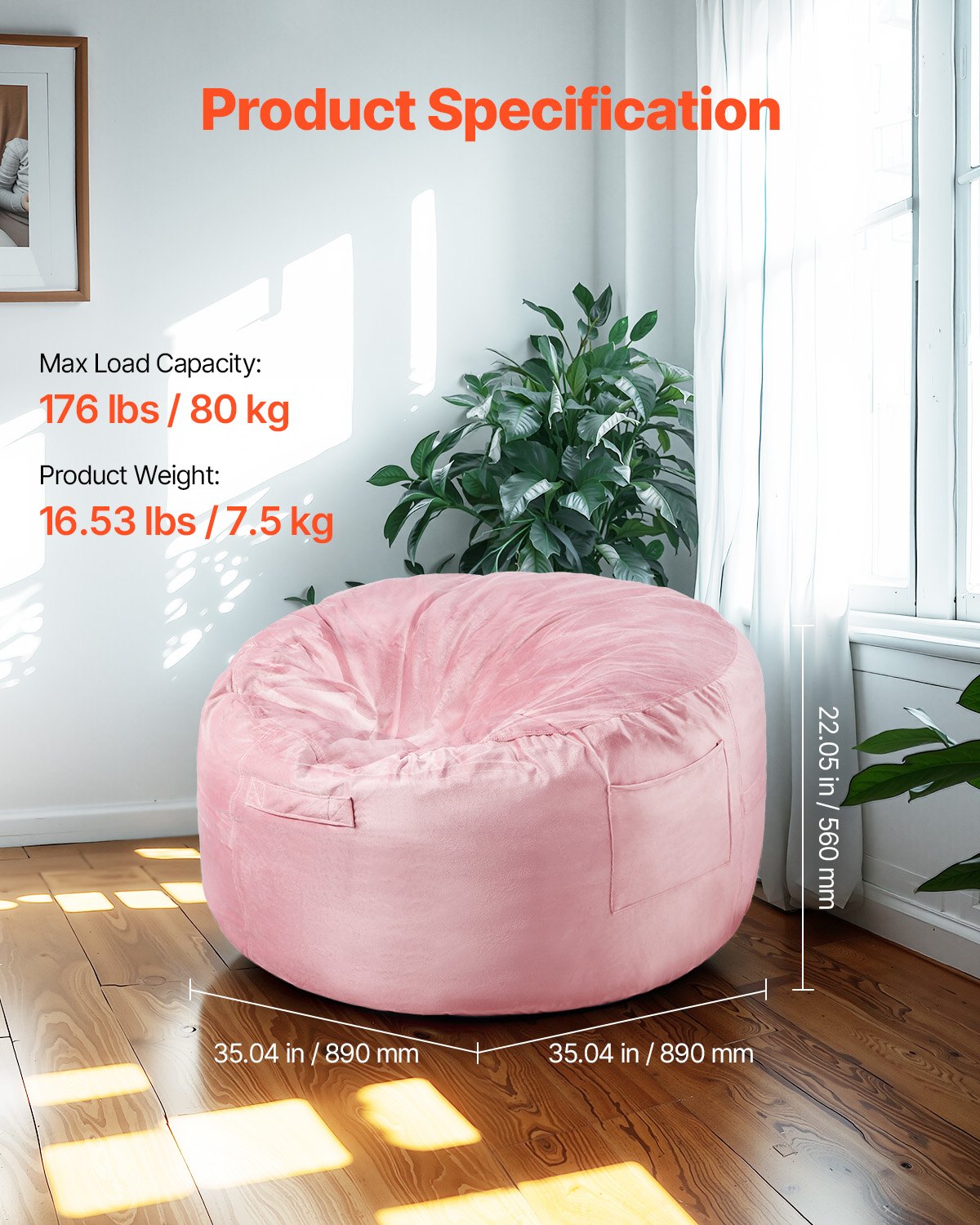 91 cm Round Bean Bag Chair with Removable Cover & Dutch Velvet Pink - Image 2
