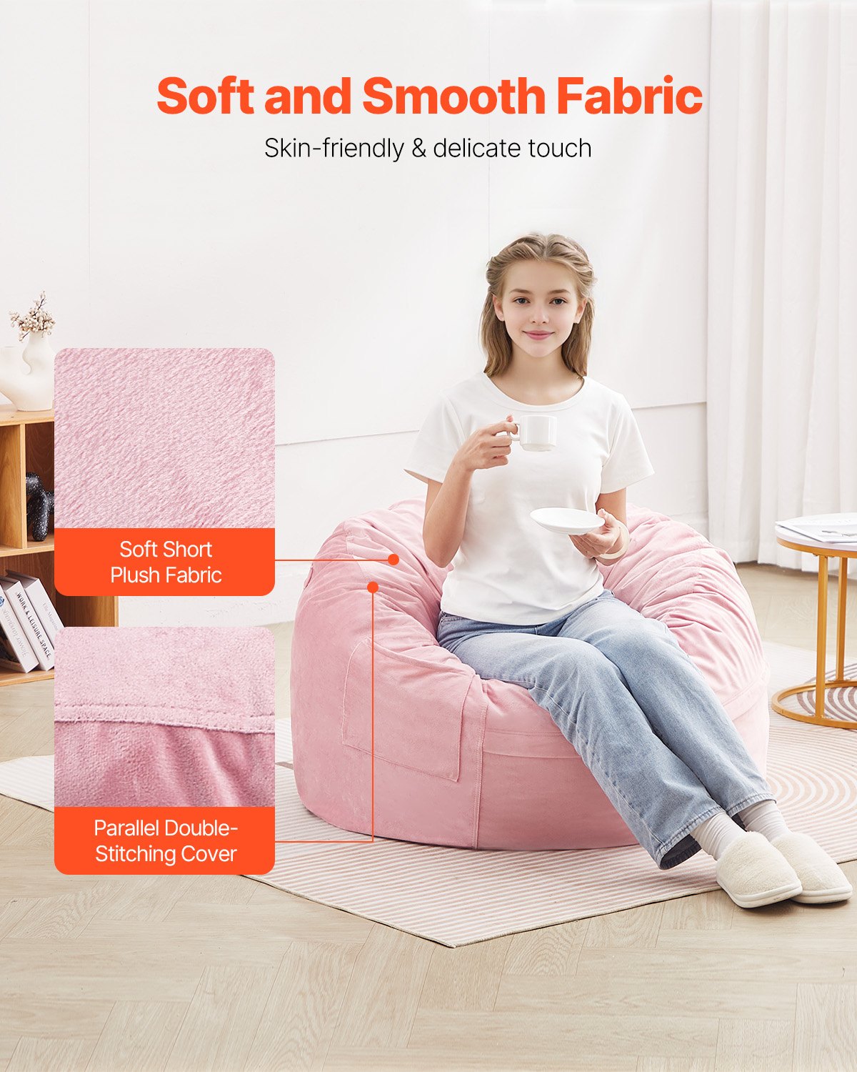 91 cm Round Bean Bag Chair with Removable Cover & Dutch Velvet Pink - Image 3