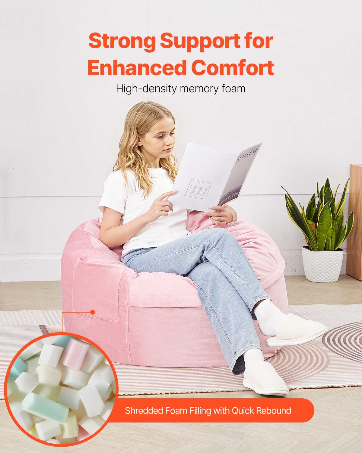 91 cm Round Bean Bag Chair with Removable Cover & Dutch Velvet Pink - Image 4