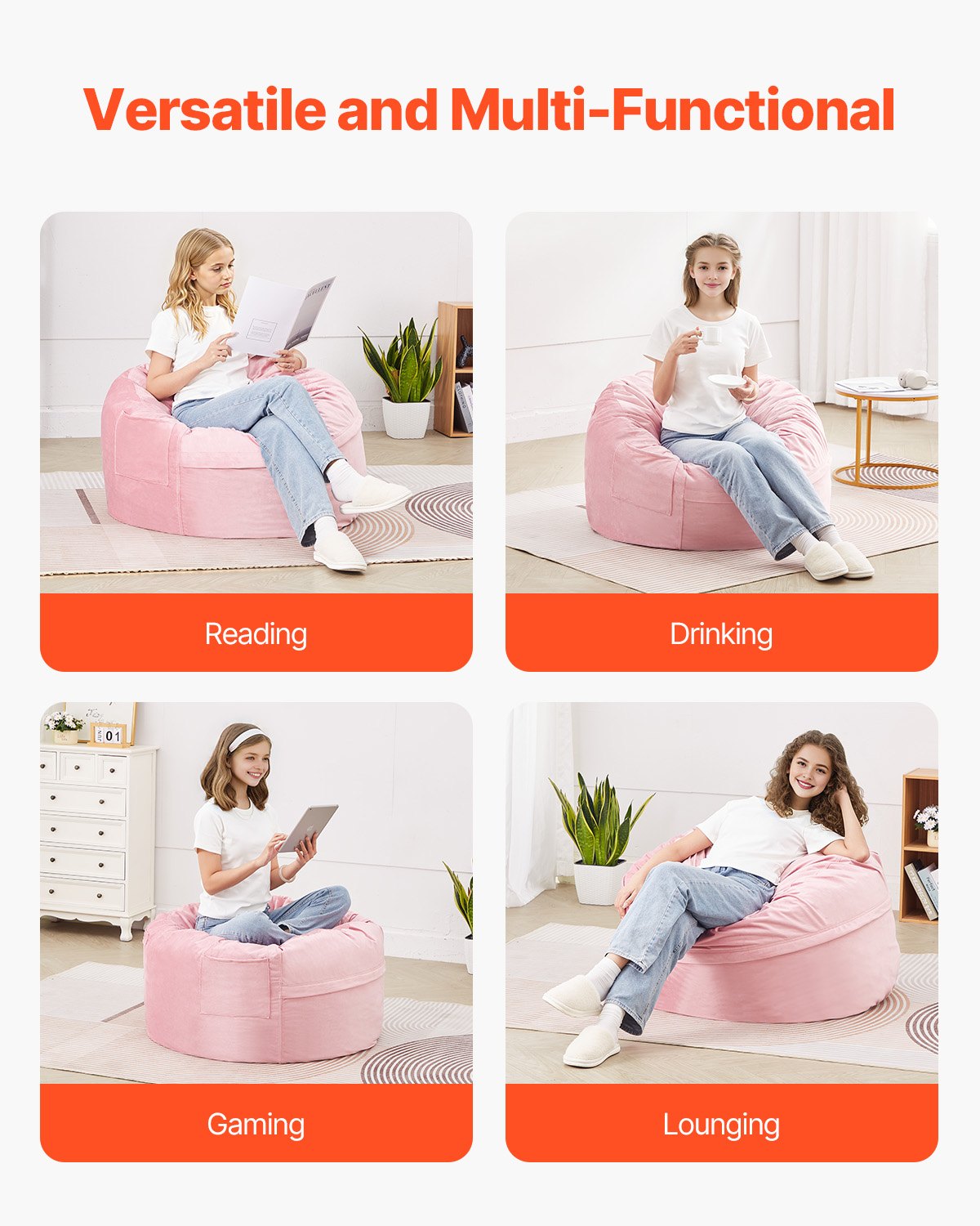 91 cm Round Bean Bag Chair with Removable Cover & Dutch Velvet Pink - Image 7
